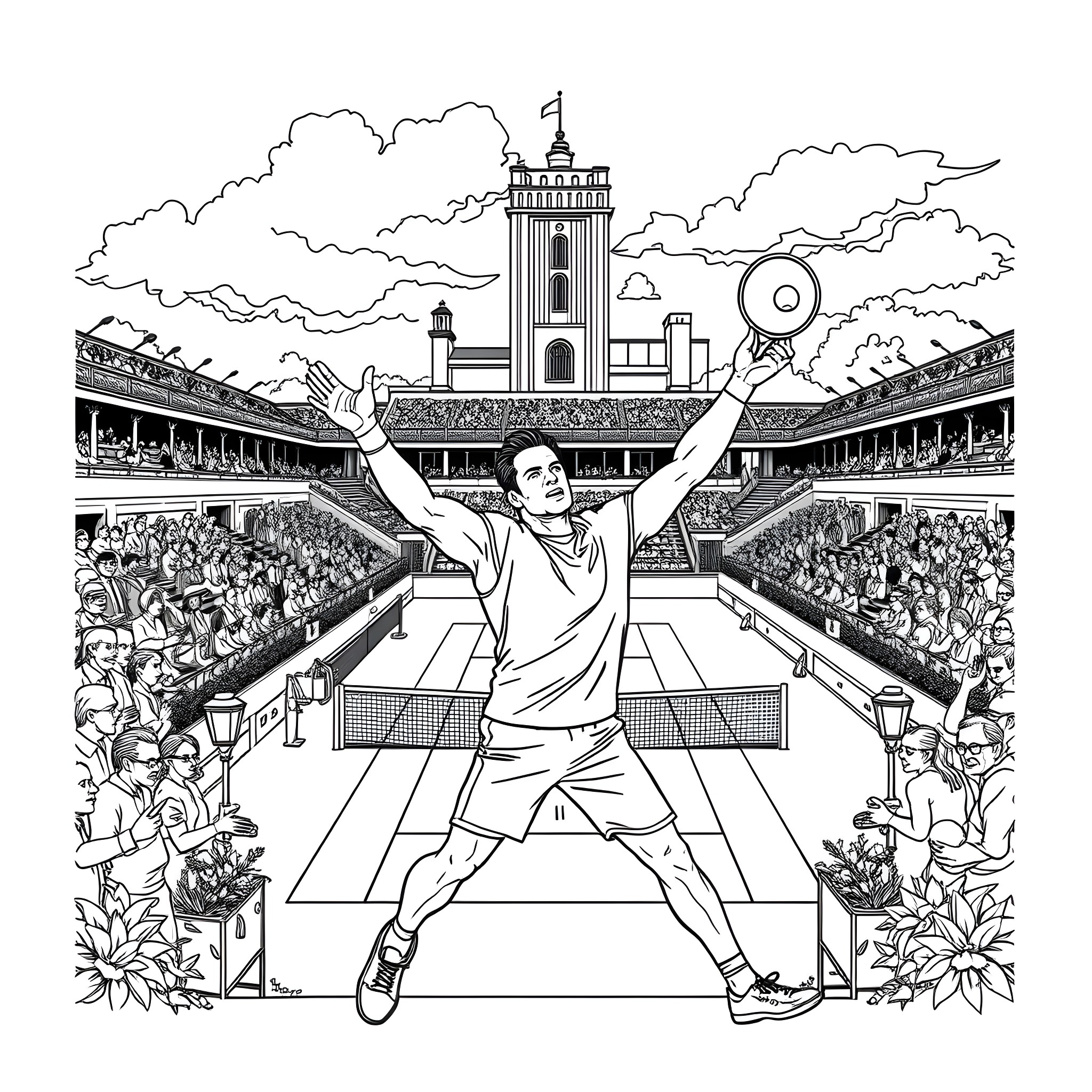 Arnold Schwarzenegger Triumphs in Sports Arena Coloring Page (free black-and-white line drawing printable PDF for all, from beginners to advanced learners, including children, teens, adults, and seniors)