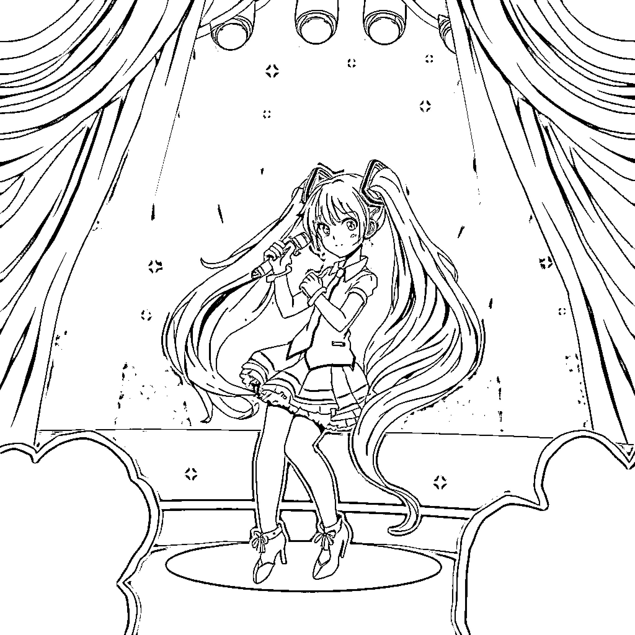 Miku's Radiant Performance on Stage Coloring Page (free black-and-white line drawing printable PDF for all, from beginners to advanced learners, including children, teens, adults, and seniors)