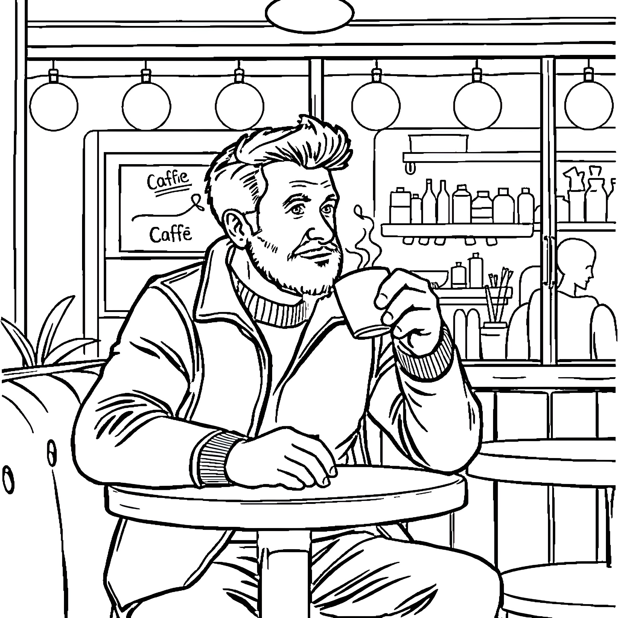 Harvey Price Enjoying a Drink at the Coffee Shop Coloring Page (free black-and-white line drawing printable PDF for all, from beginners to advanced learners, including children, teens, adults, and seniors)