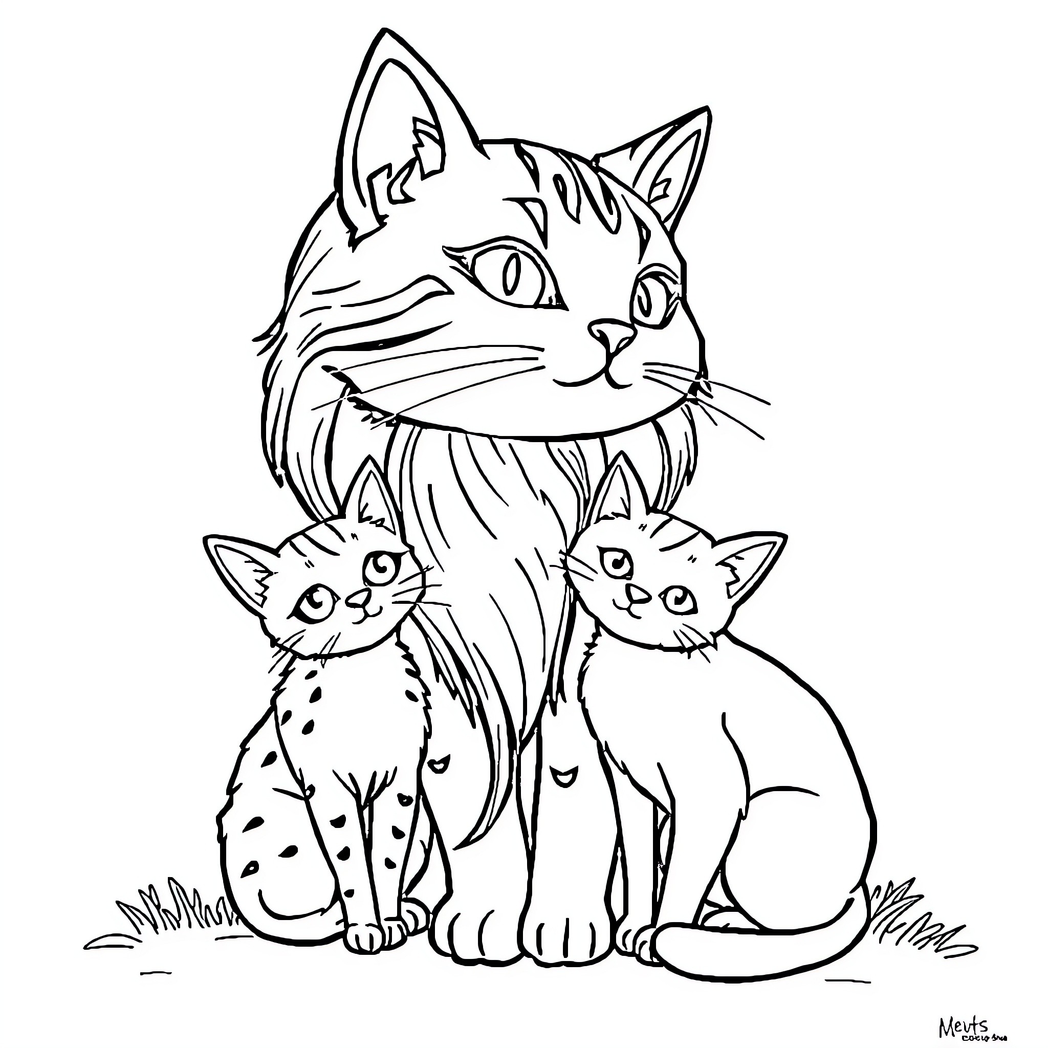 Doll-like Cats with Playful Expressions Coloring Page (free black-and-white line drawing printable PDF for all, from beginners to advanced learners, including children, teens, adults, and seniors)