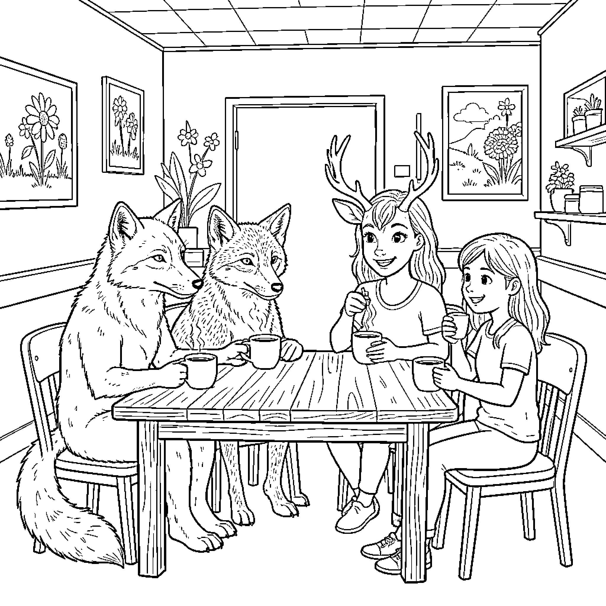 Wolf friends enjoying tea time in cozy indoor setting Coloring Page (free black-and-white line drawing printable PDF for all, from beginners to advanced learners, including children, teens, adults, and seniors)