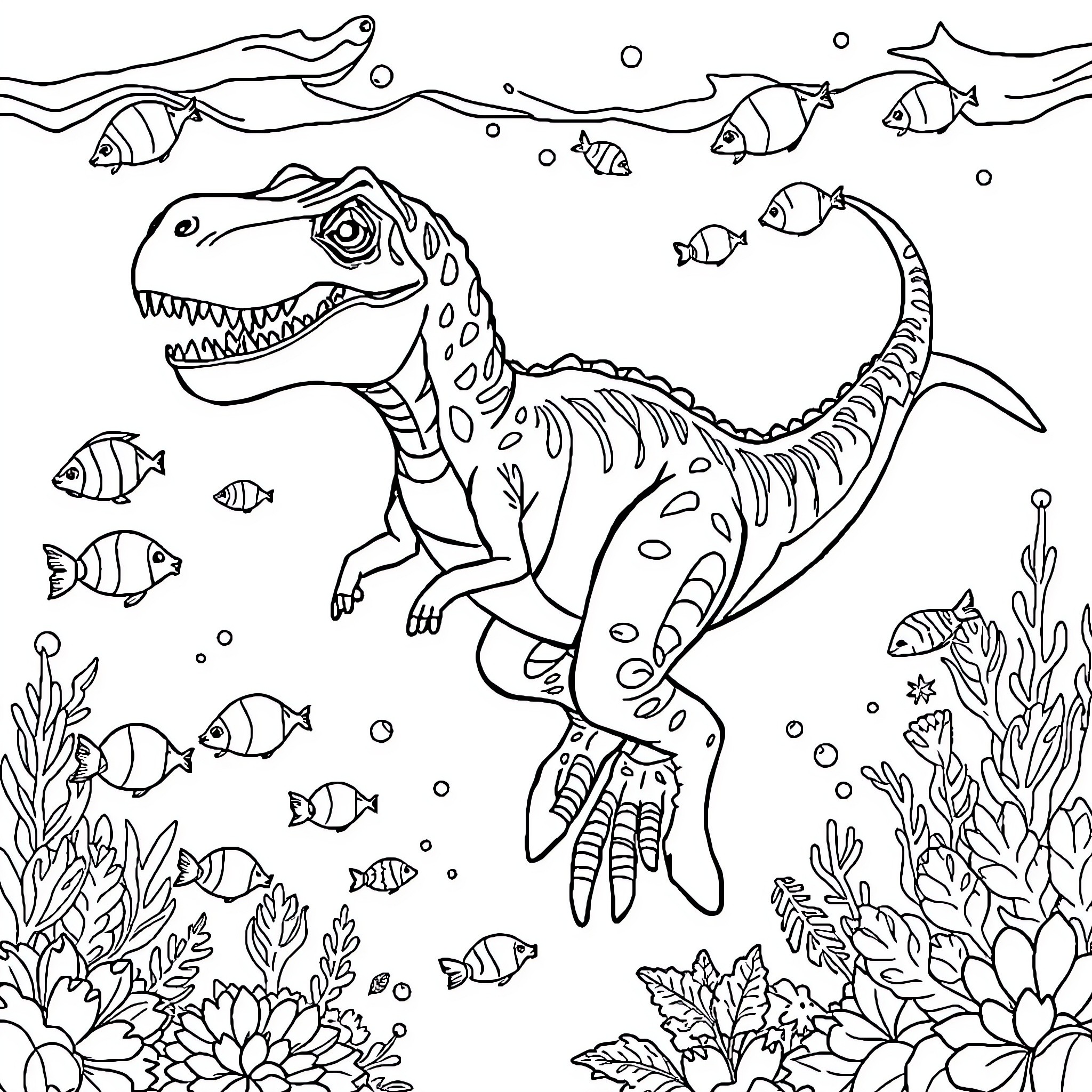 T-Rex Swimming Underwater with Tropical Fish Coloring Page (free black-and-white line drawing printable PDF for all, from beginners to advanced learners, including children, teens, adults, and seniors)