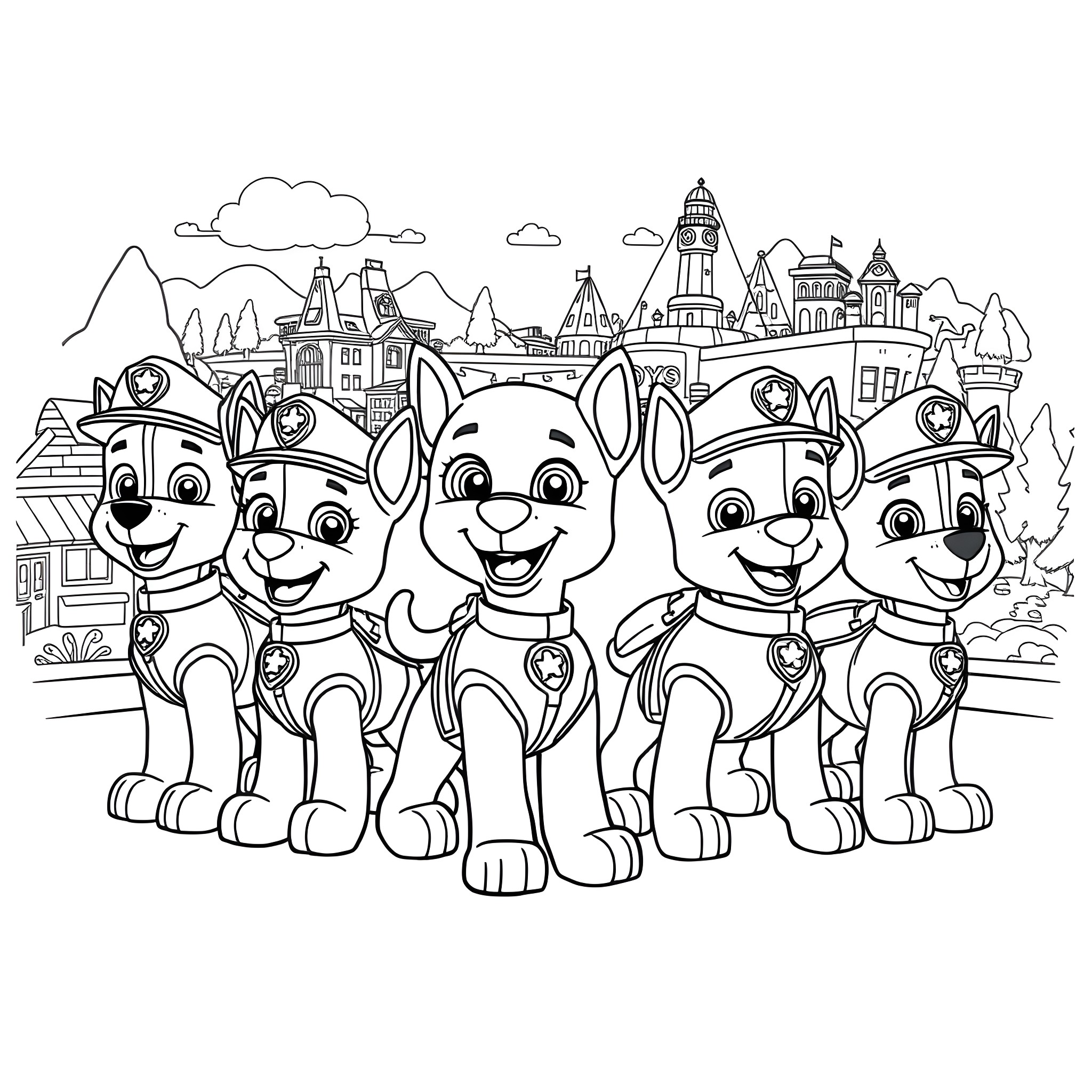 Paw Patrol team in action at the town Coloring Page (free black-and-white line drawing printable PDF for all, from beginners to advanced learners, including children, teens, adults, and seniors)