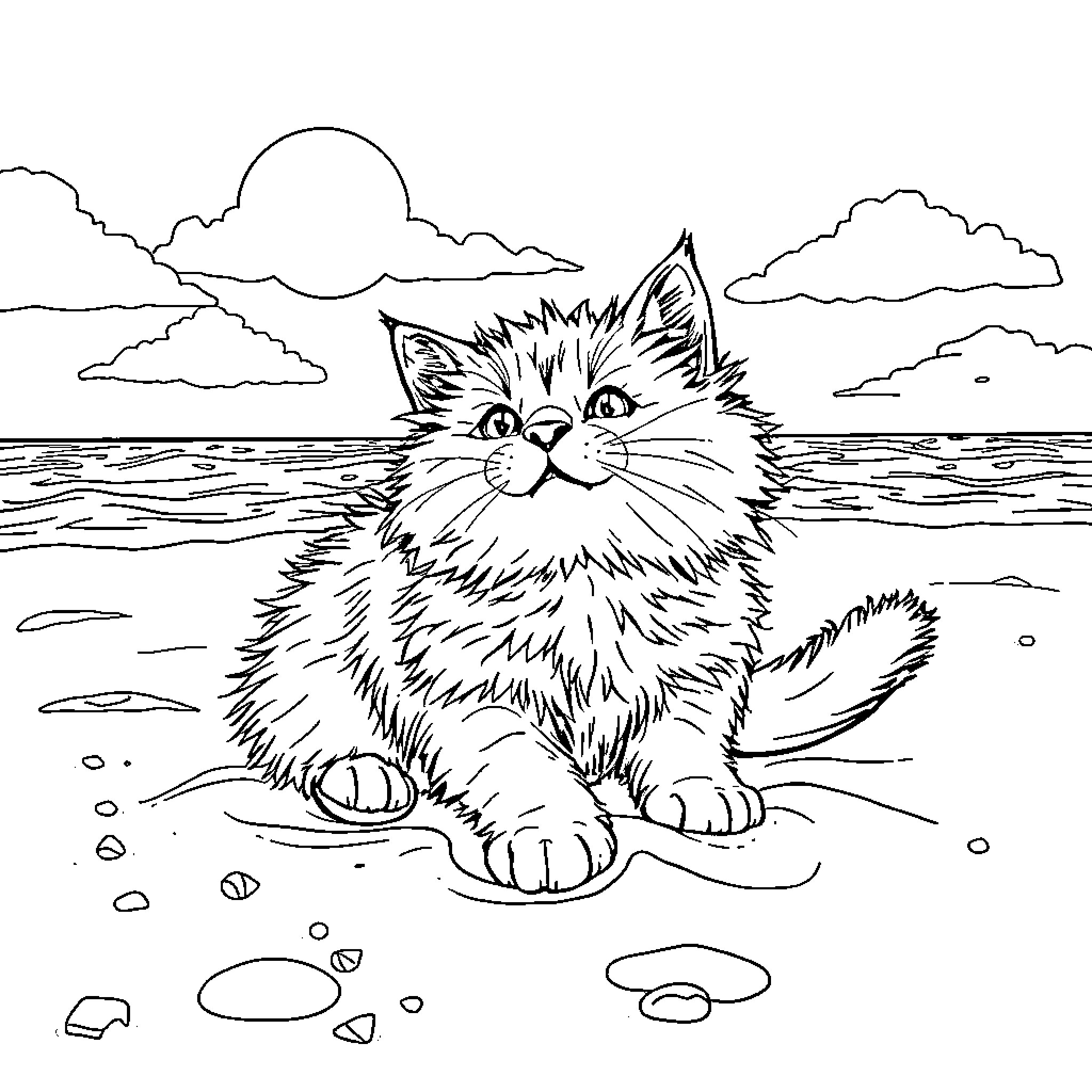Cat relaxing on the beach under the sun Coloring Page (free black-and-white line drawing printable PDF for all, from beginners to advanced learners, including children, teens, adults, and seniors)