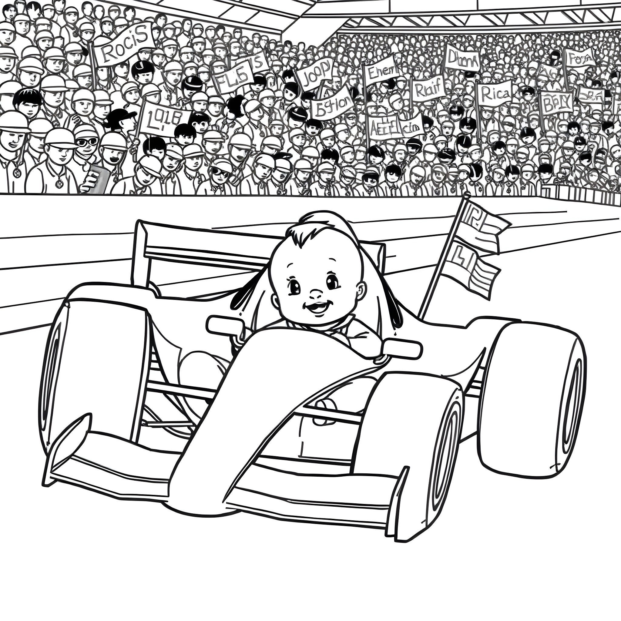 Baby in a race car at a cheering crowd Coloring Page (free black-and-white line drawing printable PDF for all, from beginners to advanced learners, including children, teens, adults, and seniors)