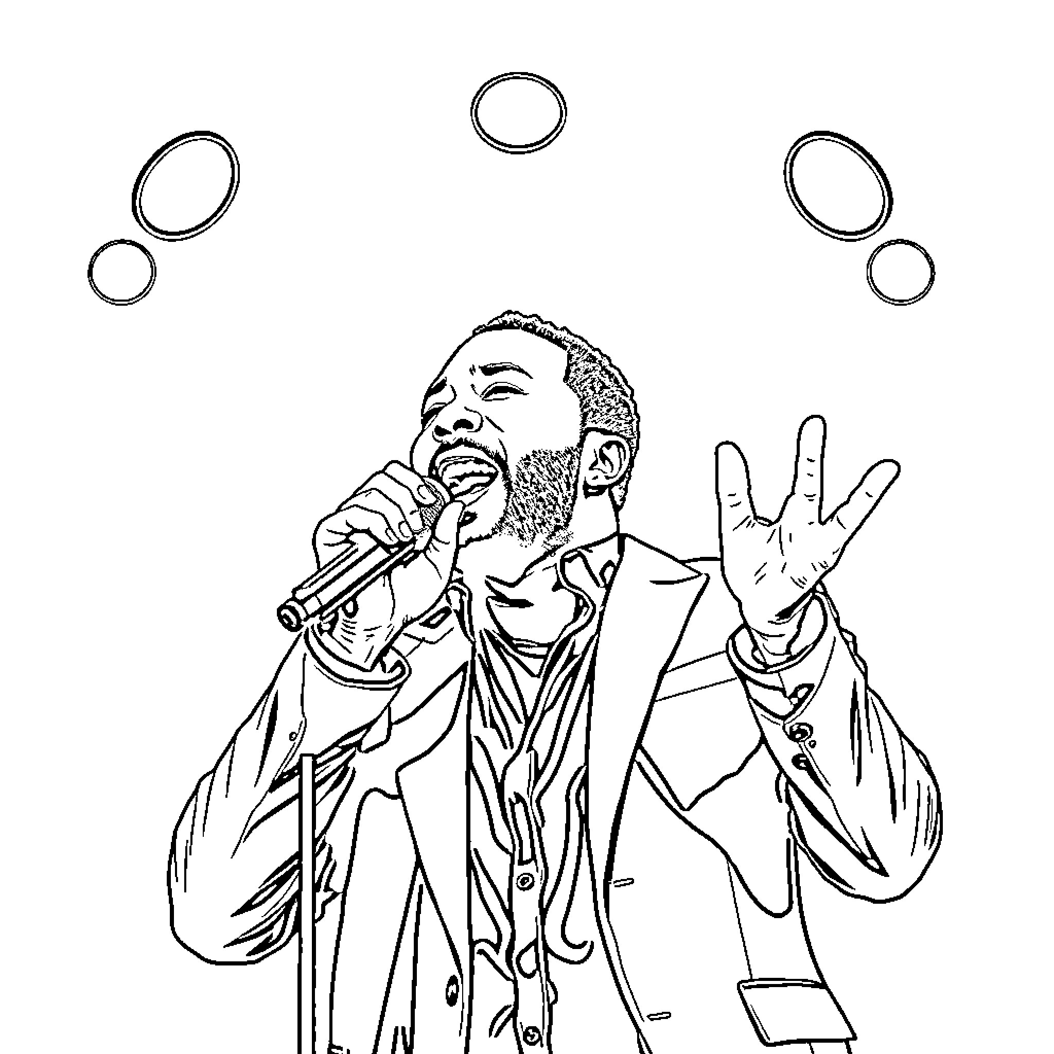 John Legend performing on stage with microphone Coloring Page (free black-and-white line drawing printable PDF for all, from beginners to advanced learners, including children, teens, adults, and seniors)