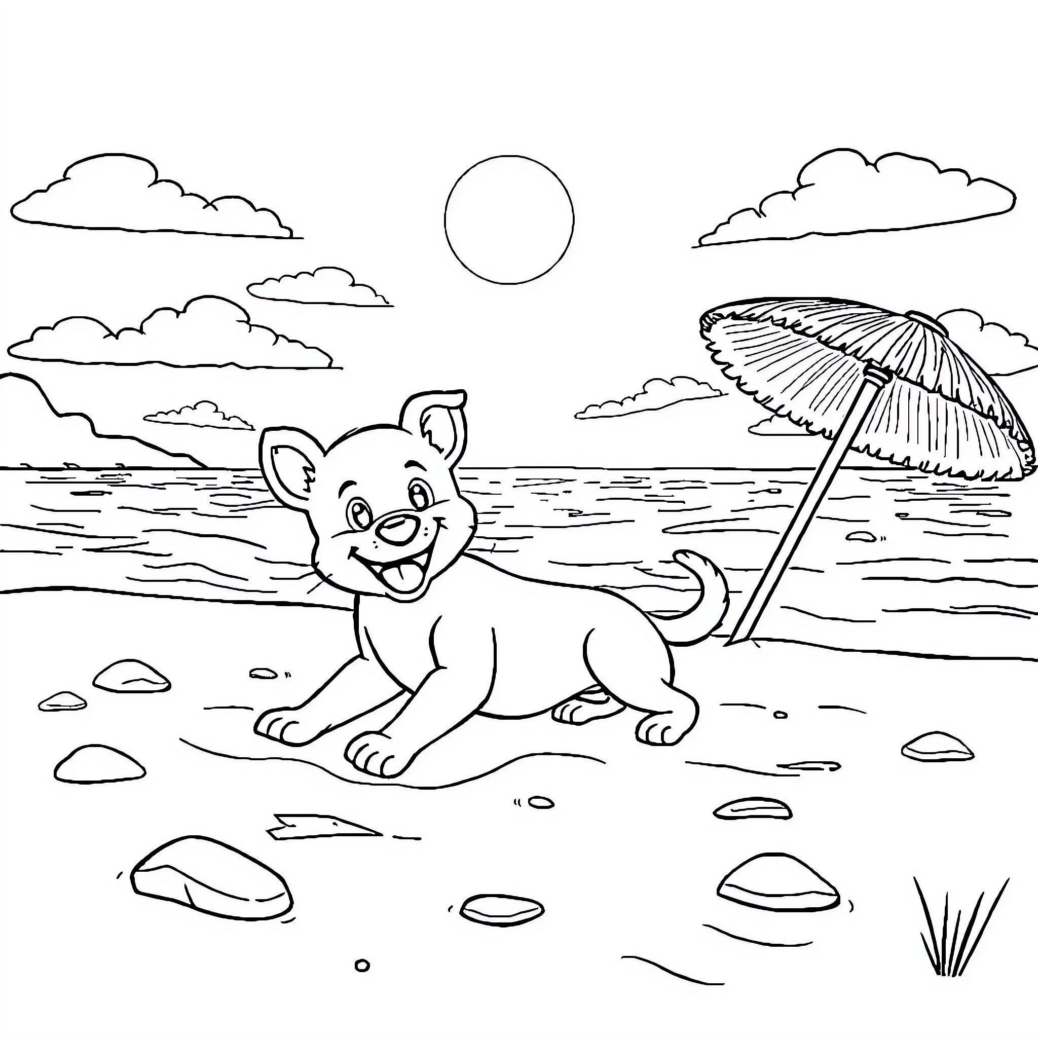 Bluey enjoying a sunny day at the beach Coloring Page (free black-and-white line drawing printable PDF for all, from beginners to advanced learners, including children, teens, adults, and seniors)