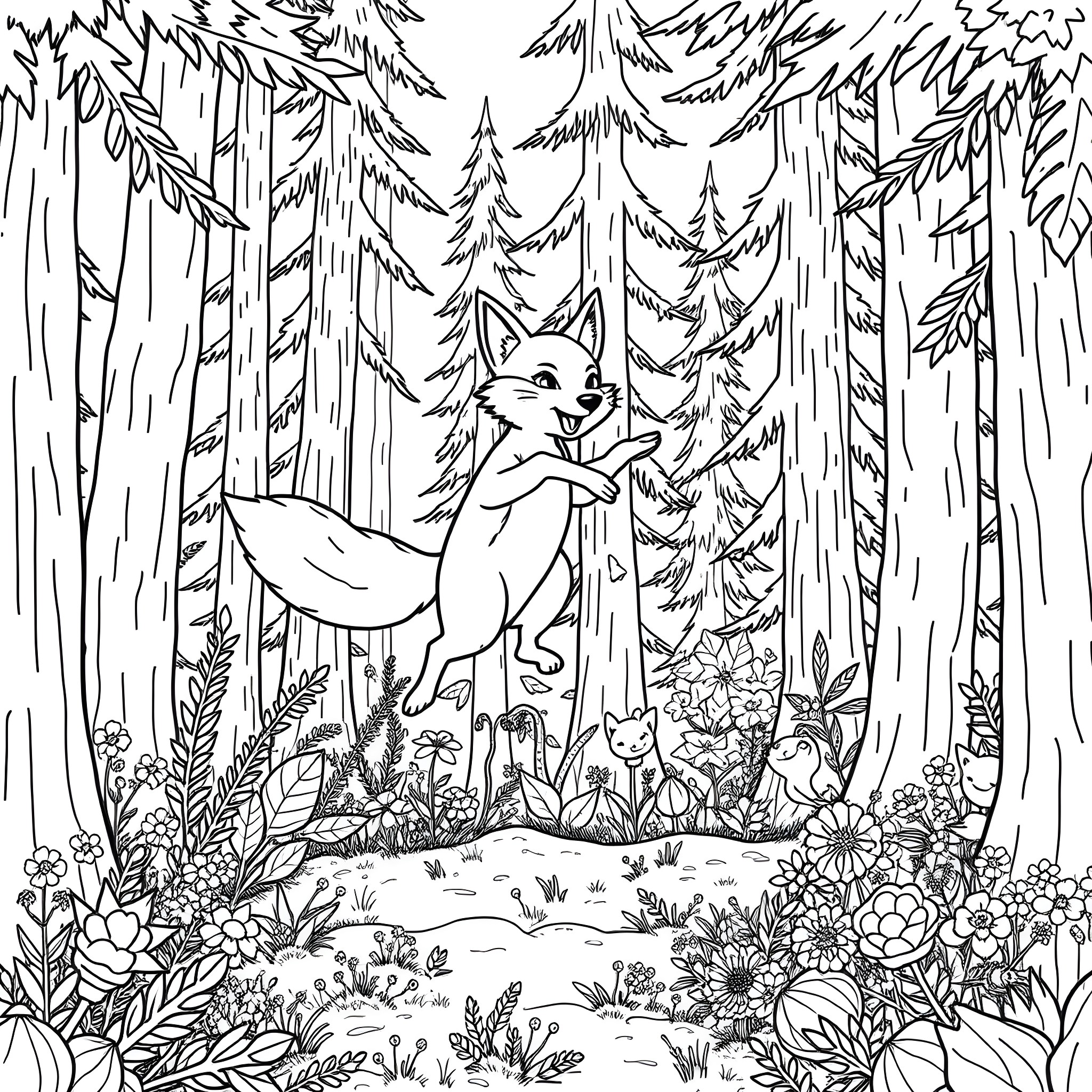 Fox Exploring the Enchanted Forest Coloring Page (free black-and-white line drawing printable PDF for all, from beginners to advanced learners, including children, teens, adults, and seniors)