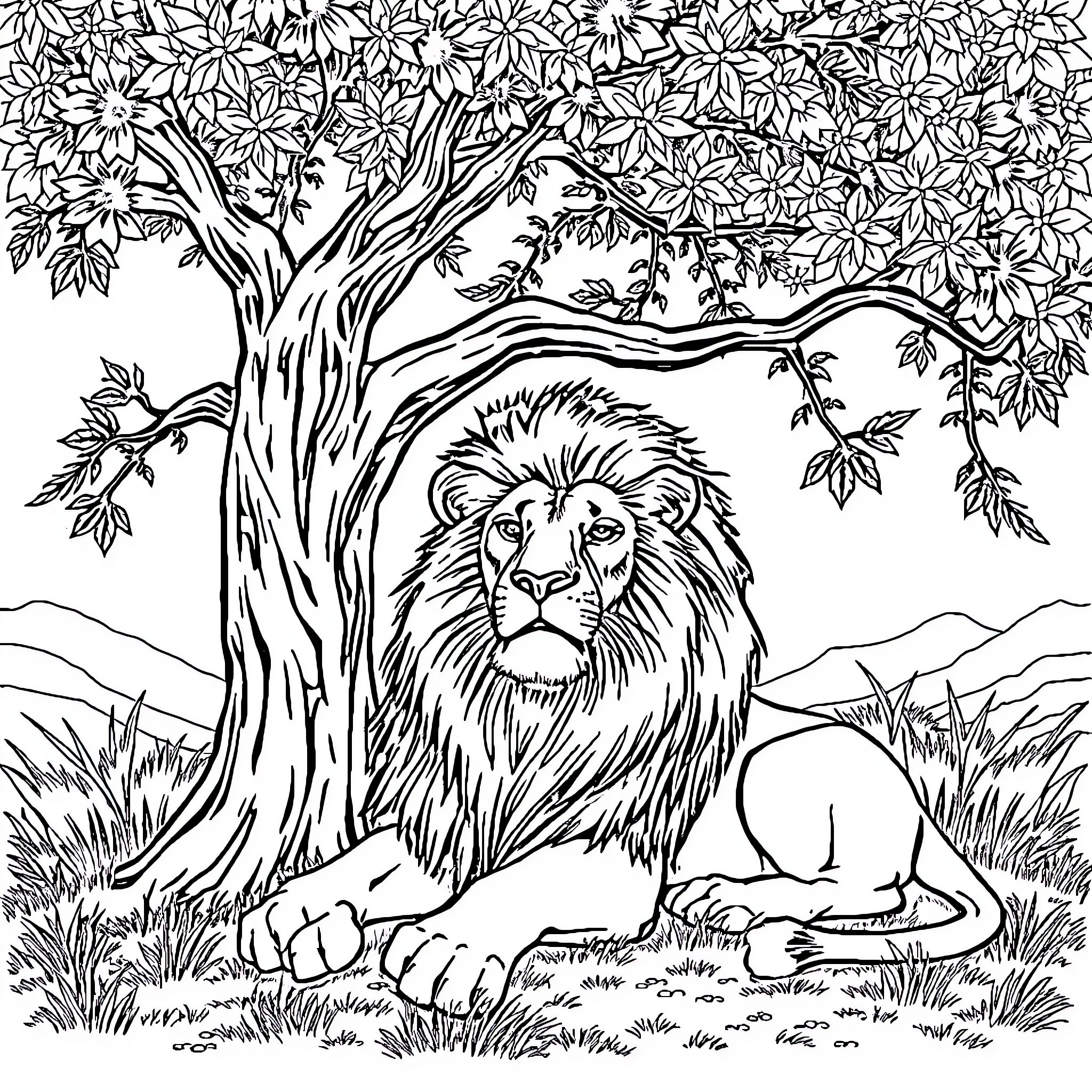 Lion resting in the lush foliage Coloring Page (free black-and-white line drawing printable PDF for all, from beginners to advanced learners, including children, teens, adults, and seniors)