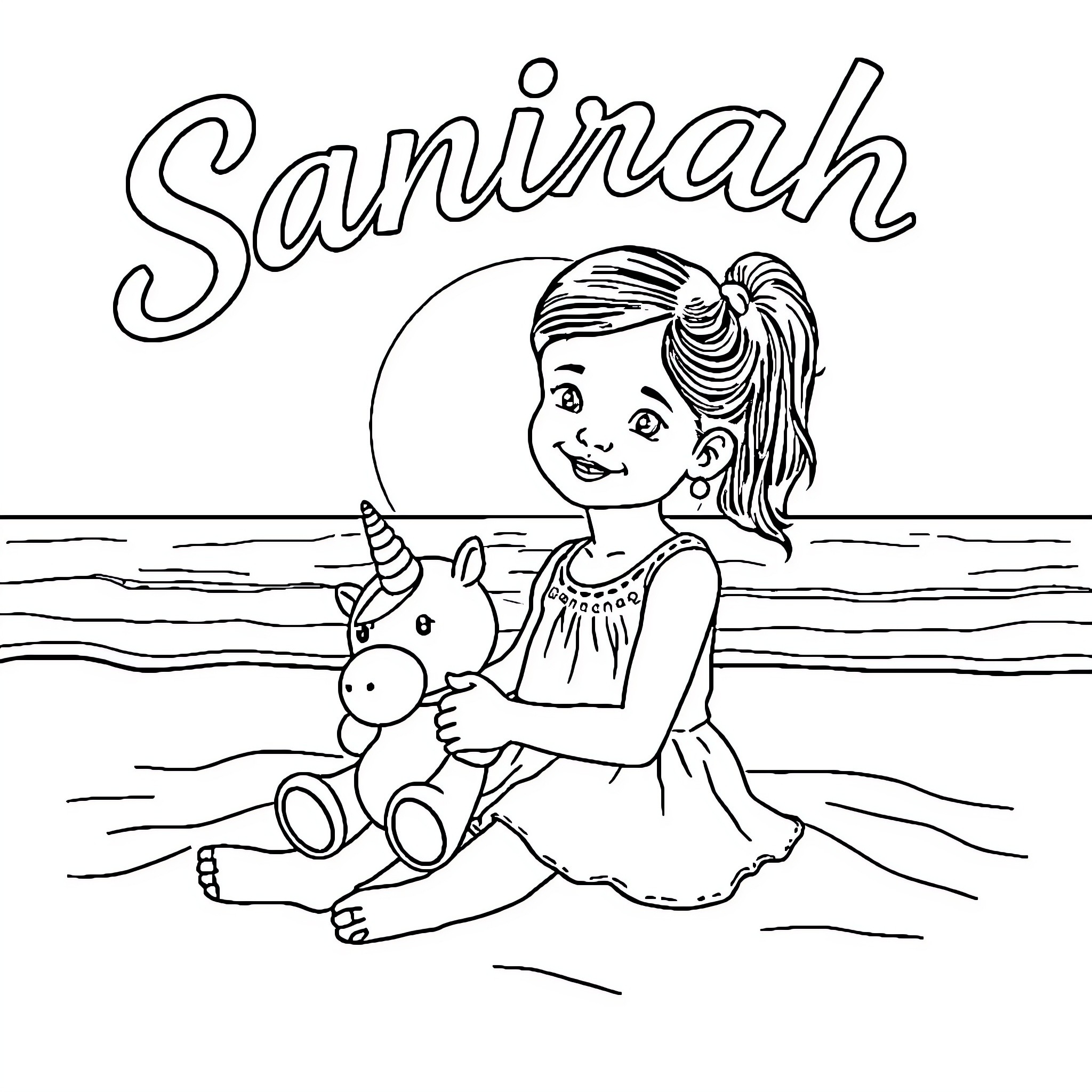 Girl playing with unicorn toy on the beach Coloring Page (free black-and-white line drawing printable PDF for all, from beginners to advanced learners, including children, teens, adults, and seniors)