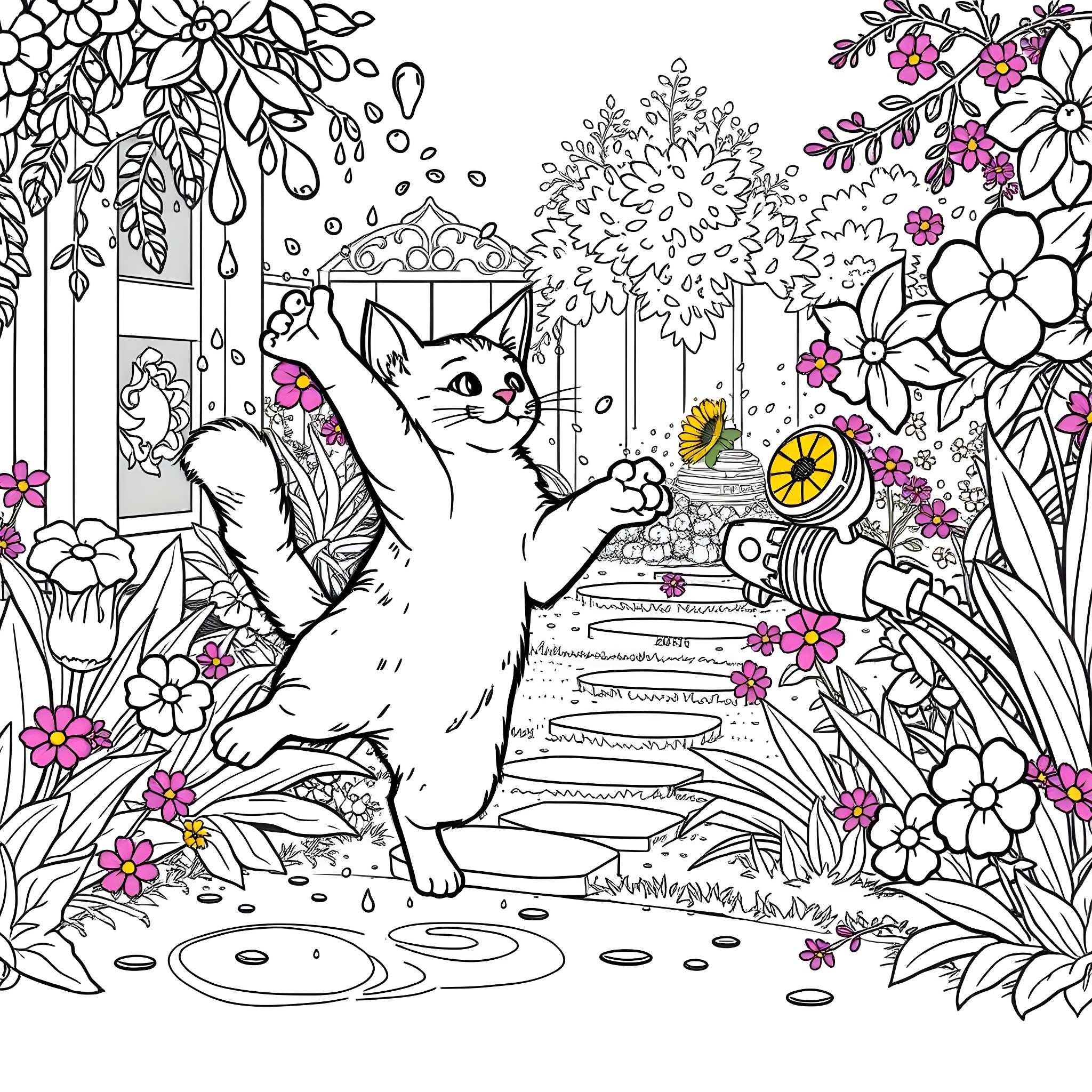Cat enjoying a magical garden with flowers Coloring Page (free black-and-white line drawing printable PDF for all, from beginners to advanced learners, including children, teens, adults, and seniors)
