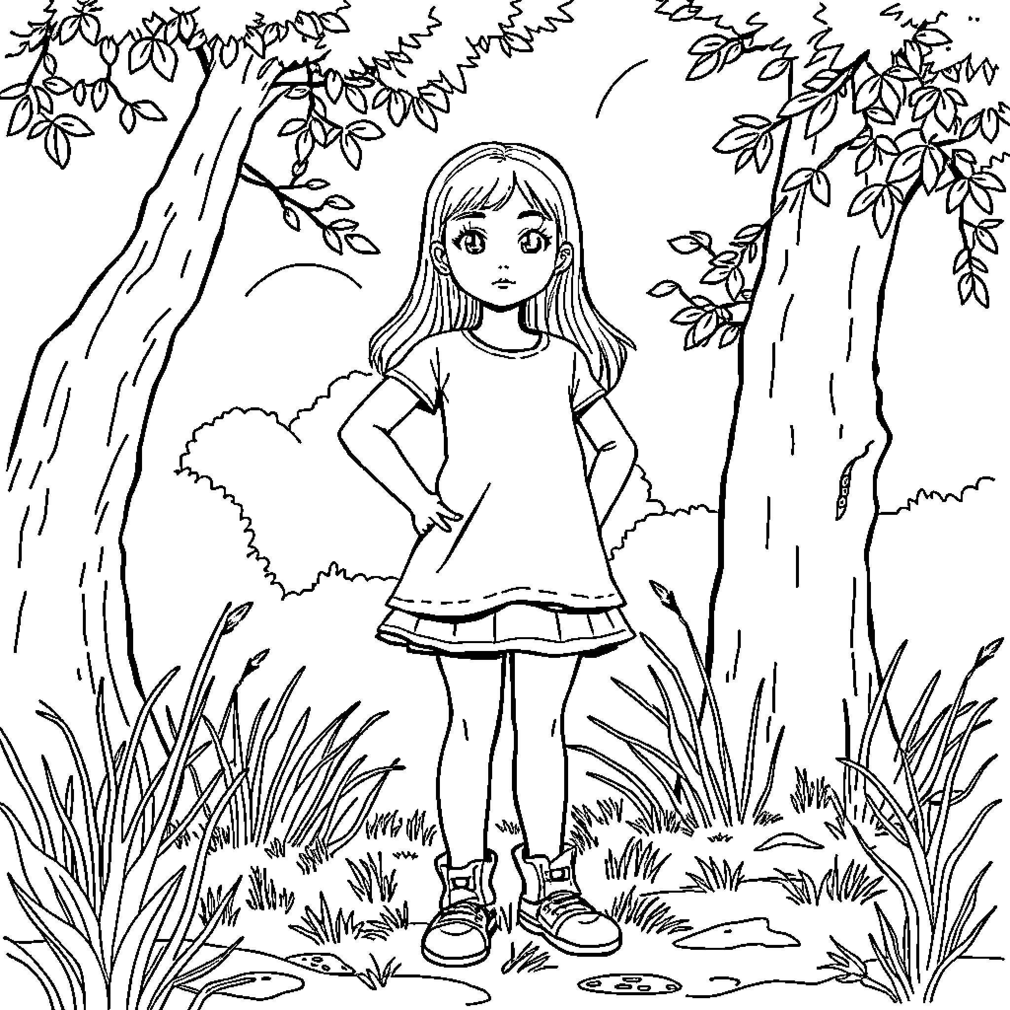 Girl exploring the forest Coloring Page (free black-and-white line drawing printable PDF for all, from beginners to advanced learners, including children, teens, adults, and seniors)