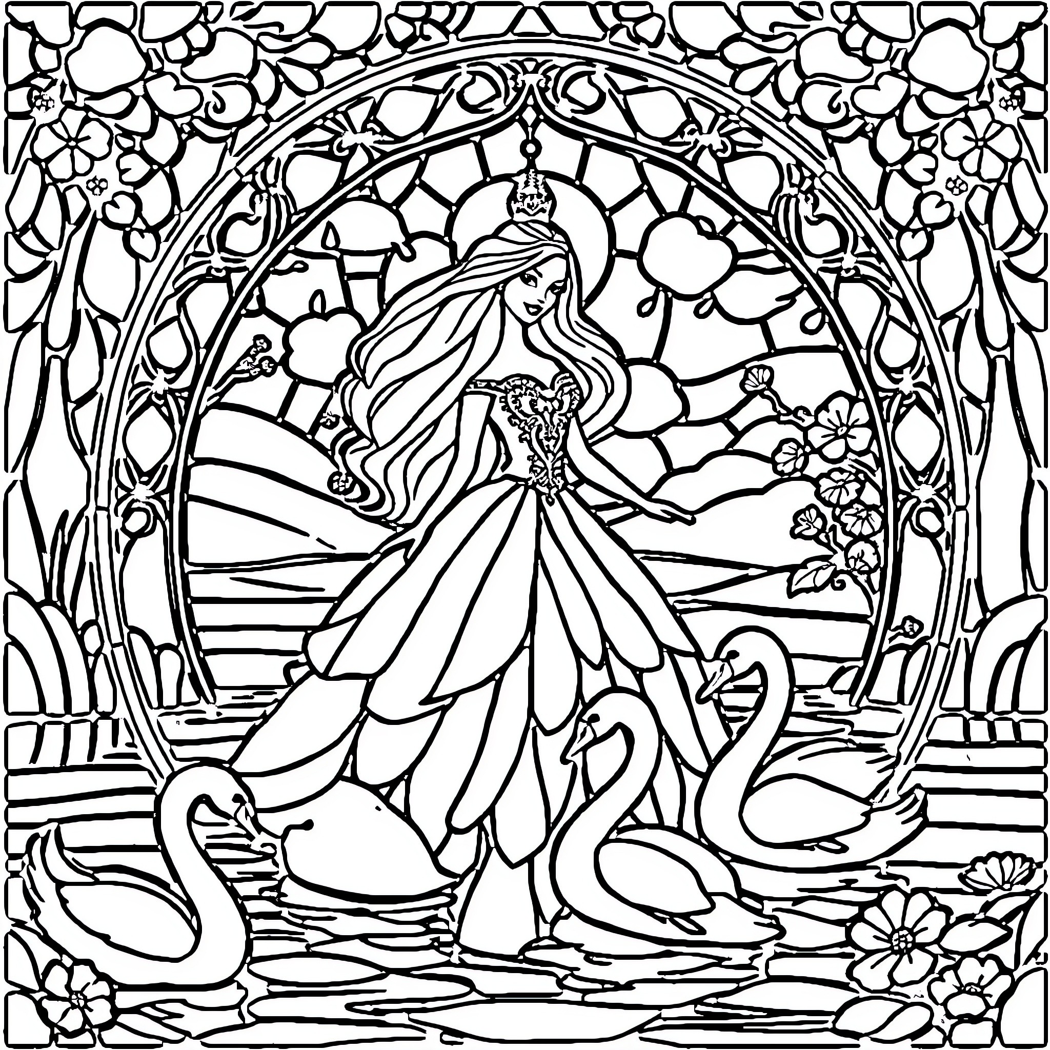 Barbie in Enchanting Garden Scene Coloring Page (free black-and-white line drawing printable PDF for all, from beginners to advanced learners, including children, teens, adults, and seniors)