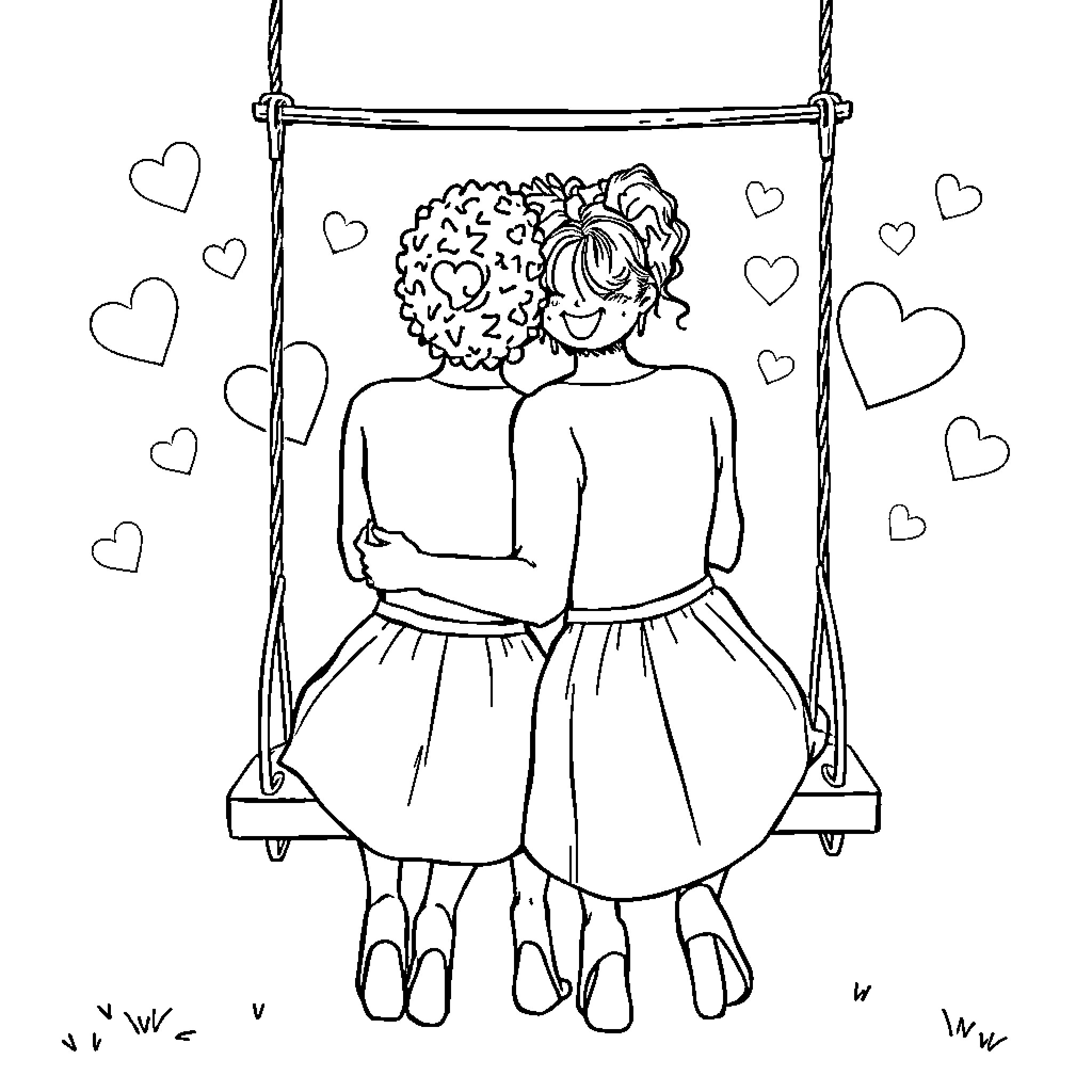 Woman embracing on a swing with hearts Coloring Page (free black-and-white line drawing printable PDF for all, from beginners to advanced learners, including children, teens, adults, and seniors)