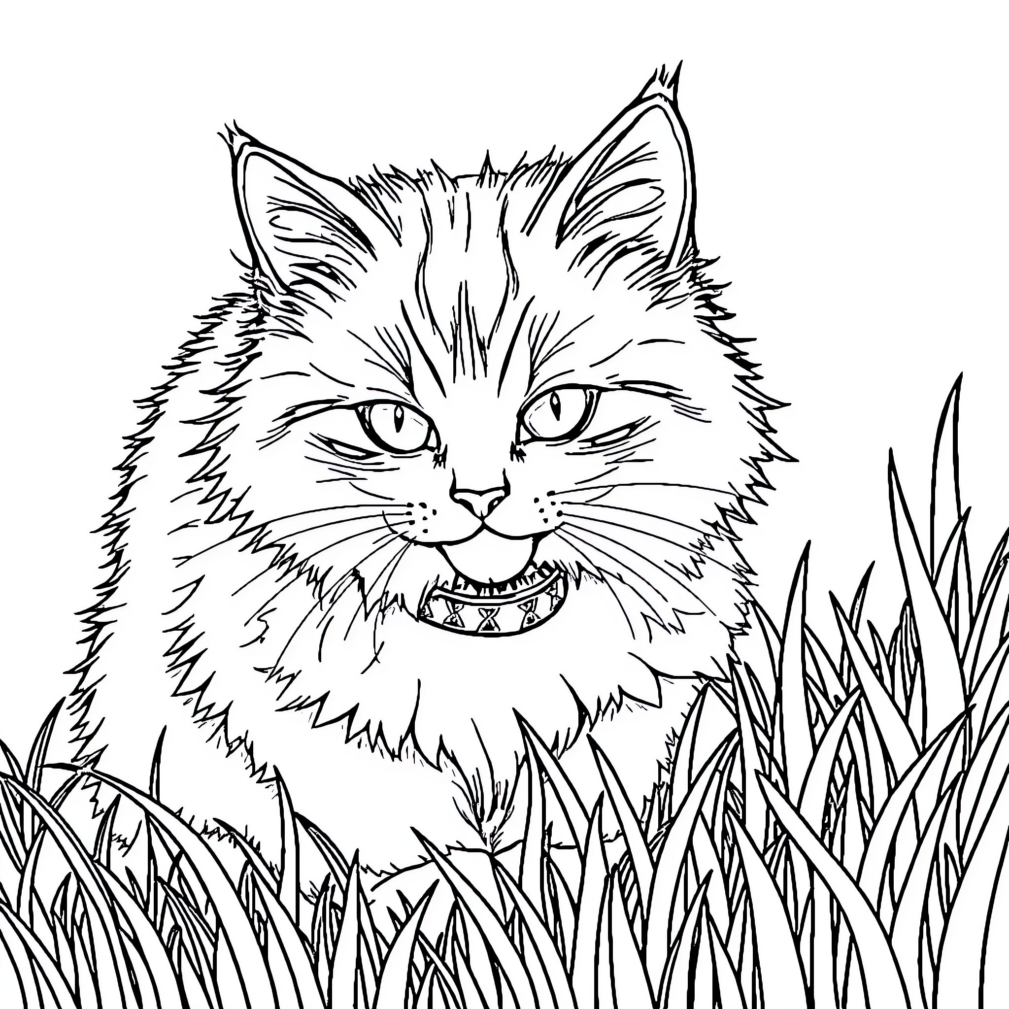 Cat lounging in the grass with a collar Coloring Page (free black-and-white line drawing printable PDF for all, from beginners to advanced learners, including children, teens, adults, and seniors)