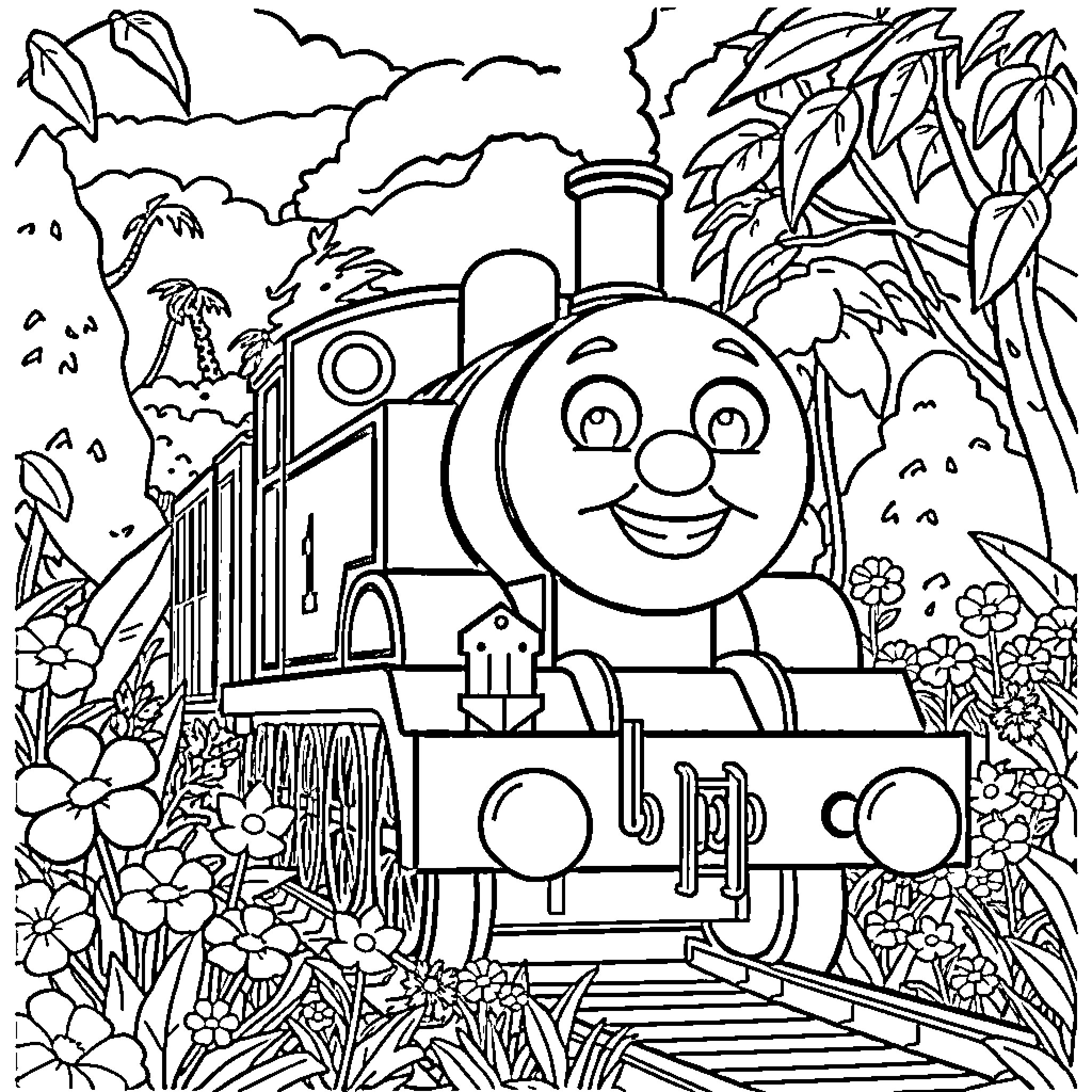 Thomas the Train Chugging Happily Through Lush Foliage Coloring Page (free black-and-white line drawing printable PDF for all, from beginners to advanced learners, including children, teens, adults, and seniors)