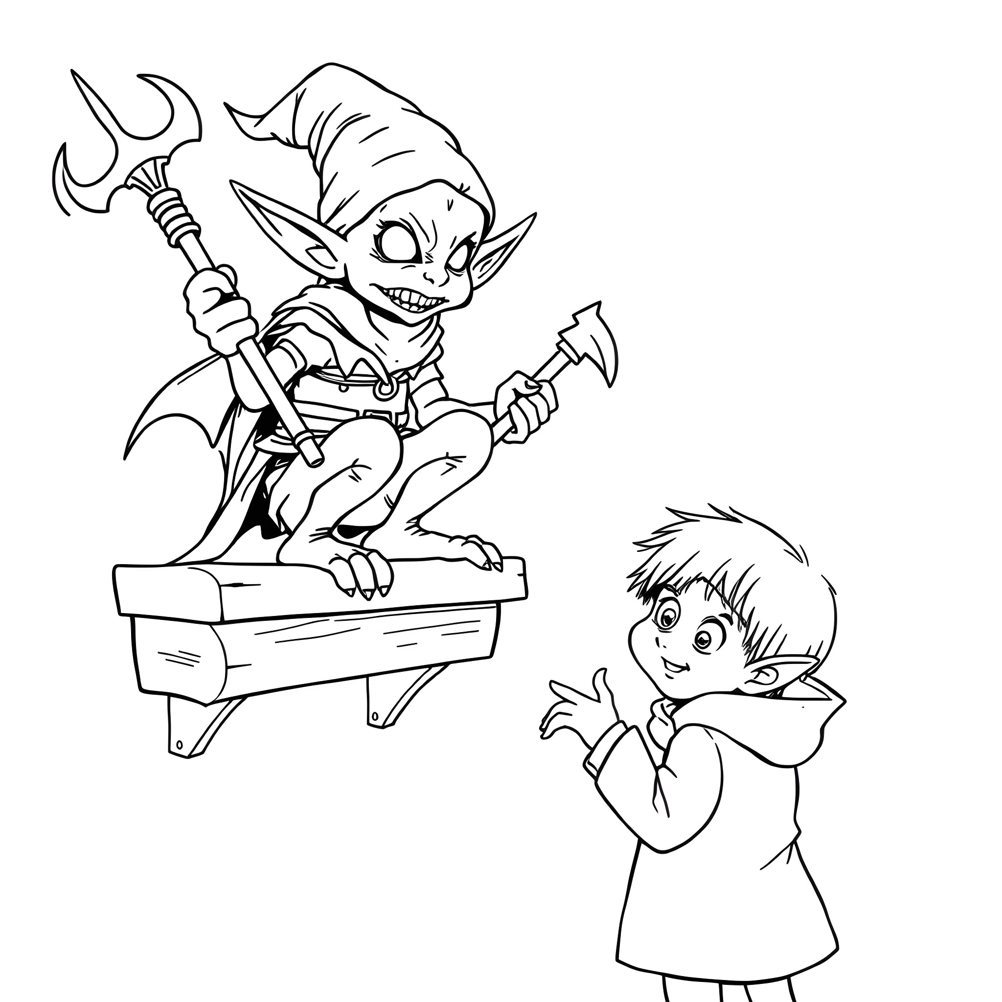 Elf mischievously hassling a young child Coloring Page (free black-and-white line drawing printable PDF for all, from beginners to advanced learners, including children, teens, adults, and seniors)