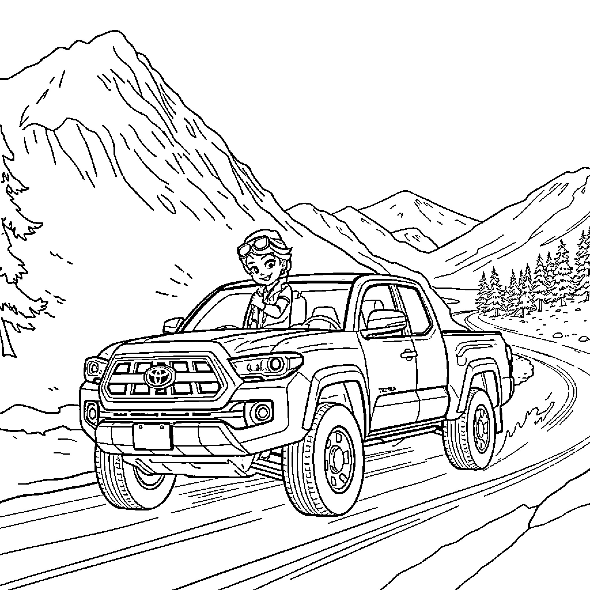 Elsa's Snowy Mountain Adventure in a Truck Coloring Page (free black-and-white line drawing printable PDF for all, from beginners to advanced learners, including children, teens, adults, and seniors)