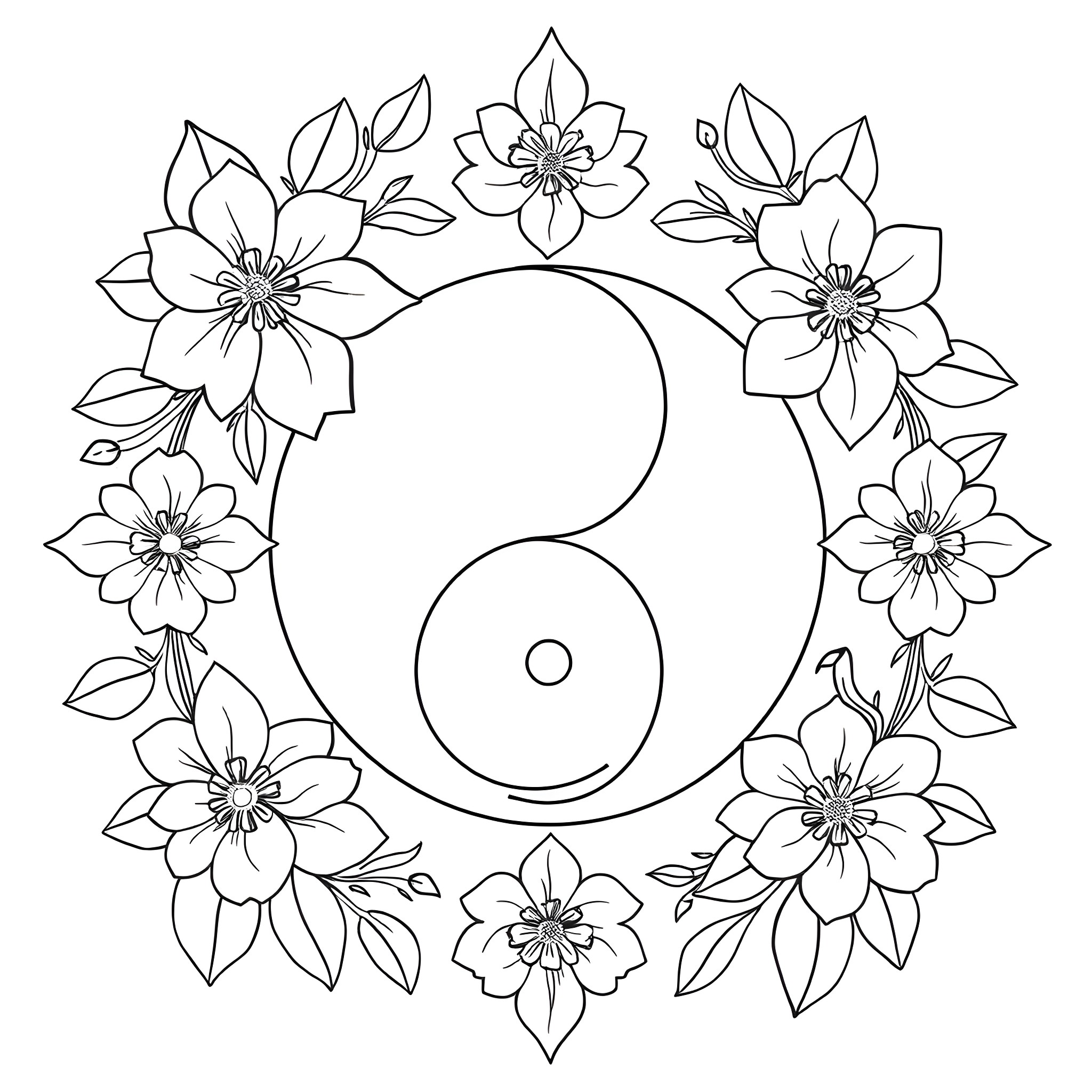 Yin Yang Floral Harmony Coloring Page (free black-and-white line drawing printable PDF for all, from beginners to advanced learners, including children, teens, adults, and seniors)
