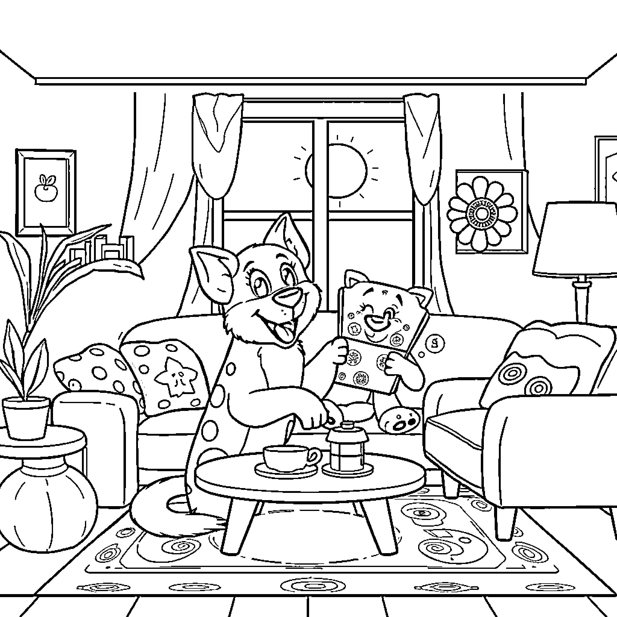 Bluey relaxing at home with toys and decor Coloring Page (free black-and-white line drawing printable PDF for all, from beginners to advanced learners, including children, teens, adults, and seniors)