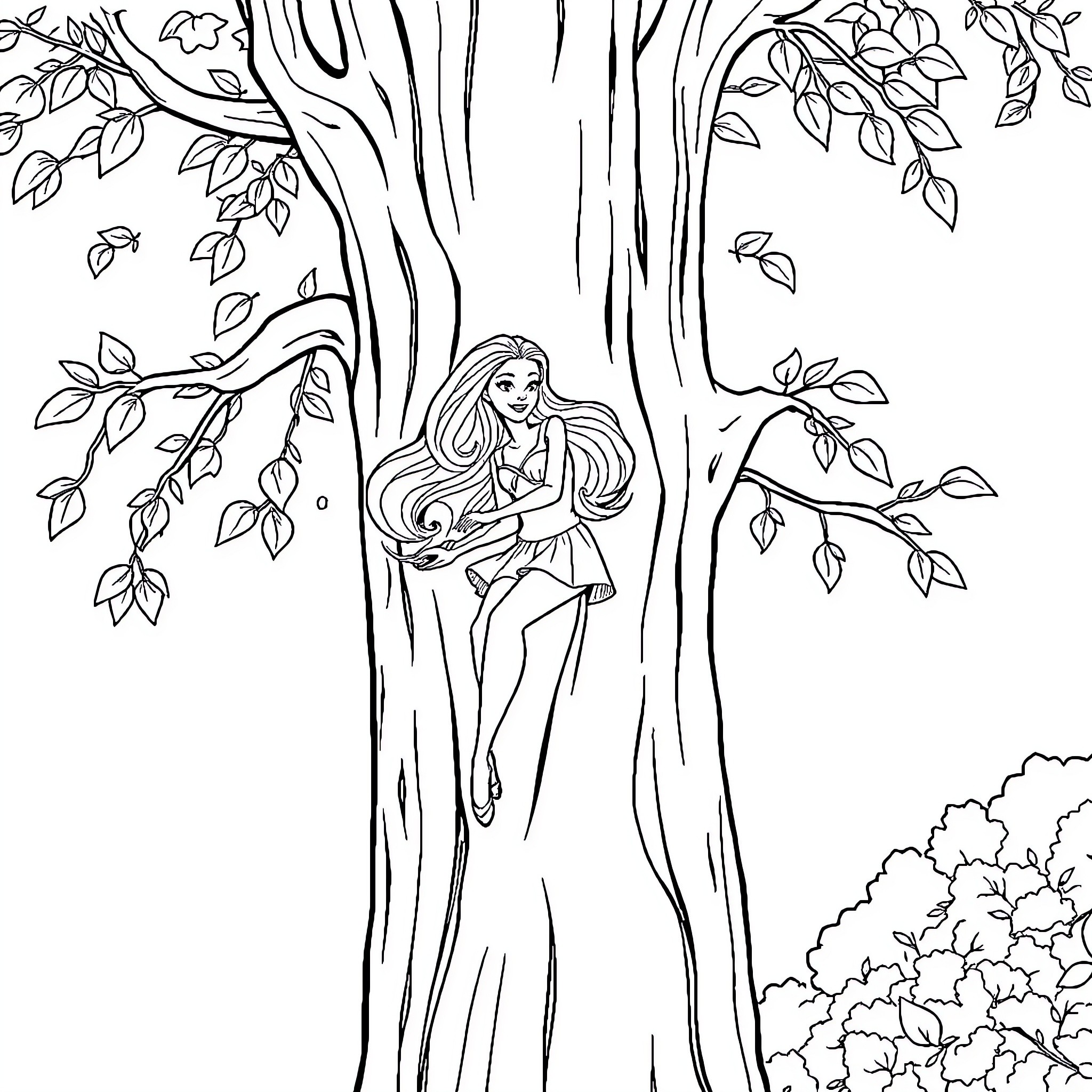 Barbie relaxing in a tree outdoors Coloring Page (free black-and-white line drawing printable PDF for all, from beginners to advanced learners, including children, teens, adults, and seniors)