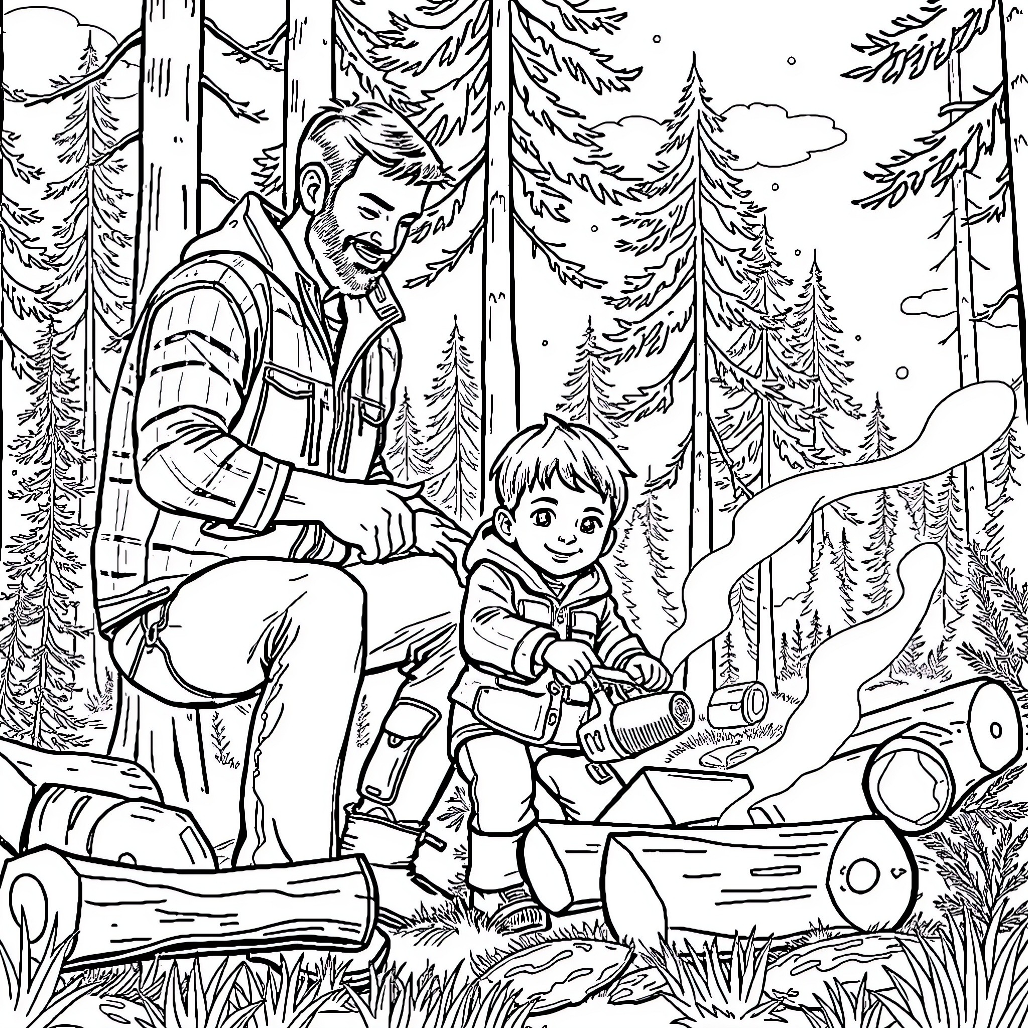 Dad and son camping in the forest Coloring Page (free black-and-white line drawing printable PDF for all, from beginners to advanced learners, including children, teens, adults, and seniors)