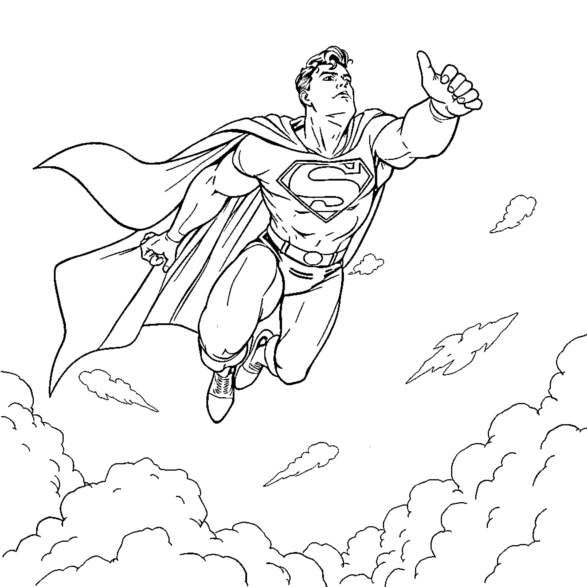 Superman soaring through the skies Coloring Page (free black-and-white line drawing printable PDF for all, from beginners to advanced learners, including children, teens, adults, and seniors)