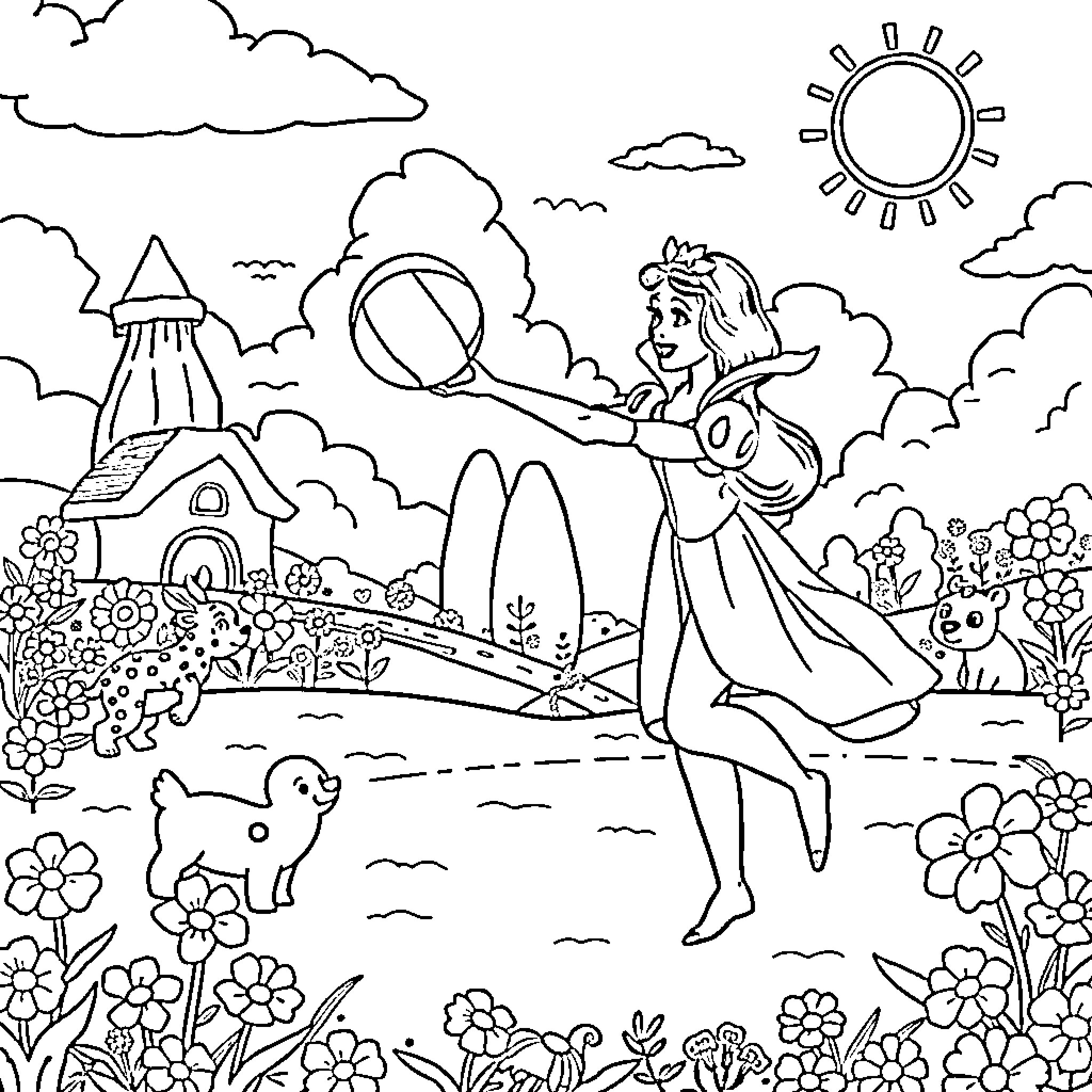 Snow White exploring the enchanted forest Coloring Page (free black-and-white line drawing printable PDF for all, from beginners to advanced learners, including children, teens, adults, and seniors)