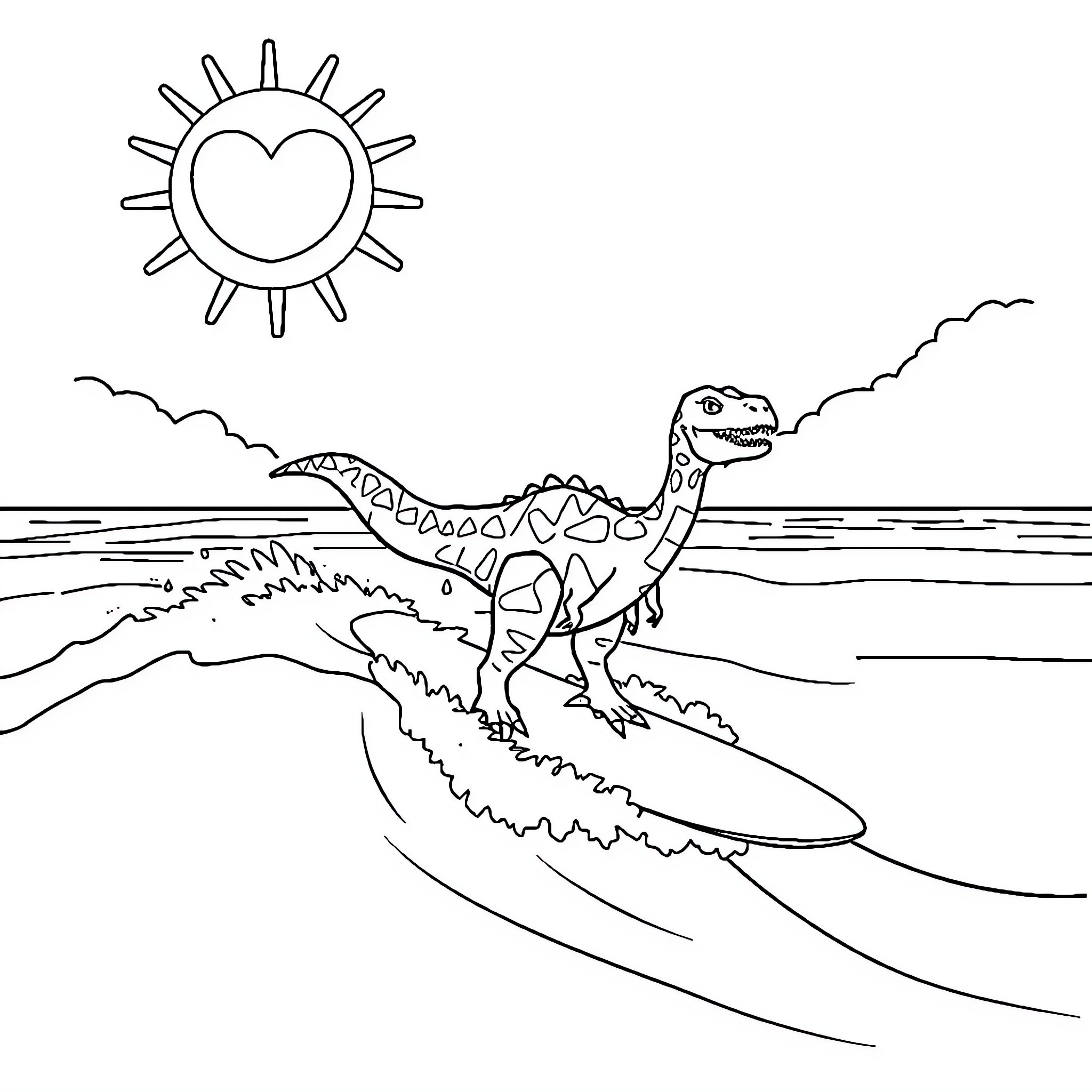 Dinosaur surfing on ocean waves under the sun Coloring Page (free black-and-white line drawing printable PDF for all, from beginners to advanced learners, including children, teens, adults, and seniors)