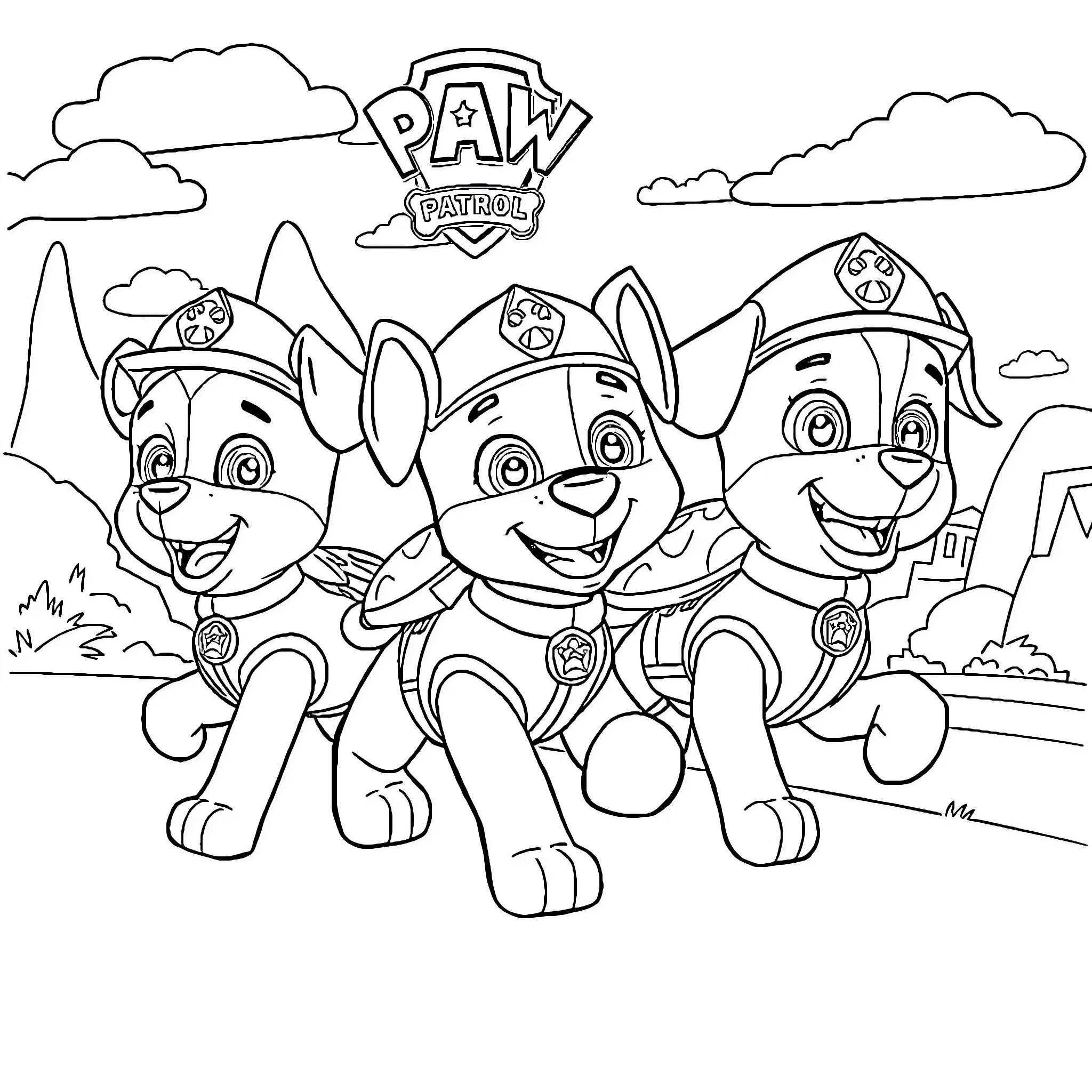 Paw Patrol Puppies on Duty in the Field Coloring Page (free black-and-white line drawing printable PDF for all, from beginners to advanced learners, including children, teens, adults, and seniors)