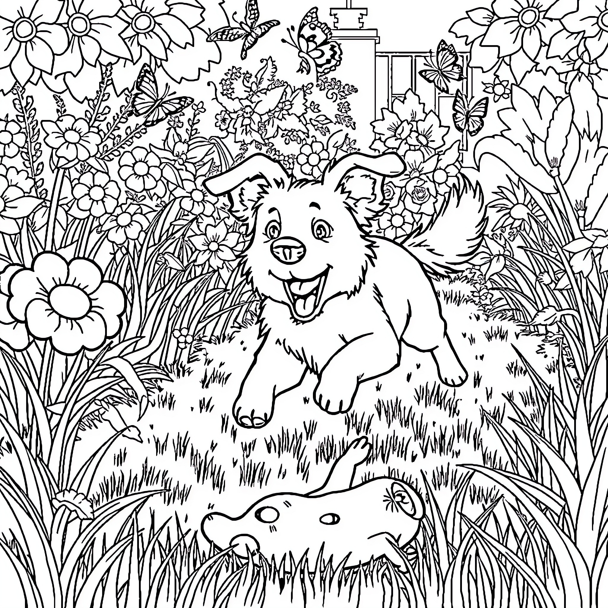 Dog running happily through a garden with butterflies Coloring Page (free black-and-white line drawing printable PDF for all, from beginners to advanced learners, including children, teens, adults, and seniors)