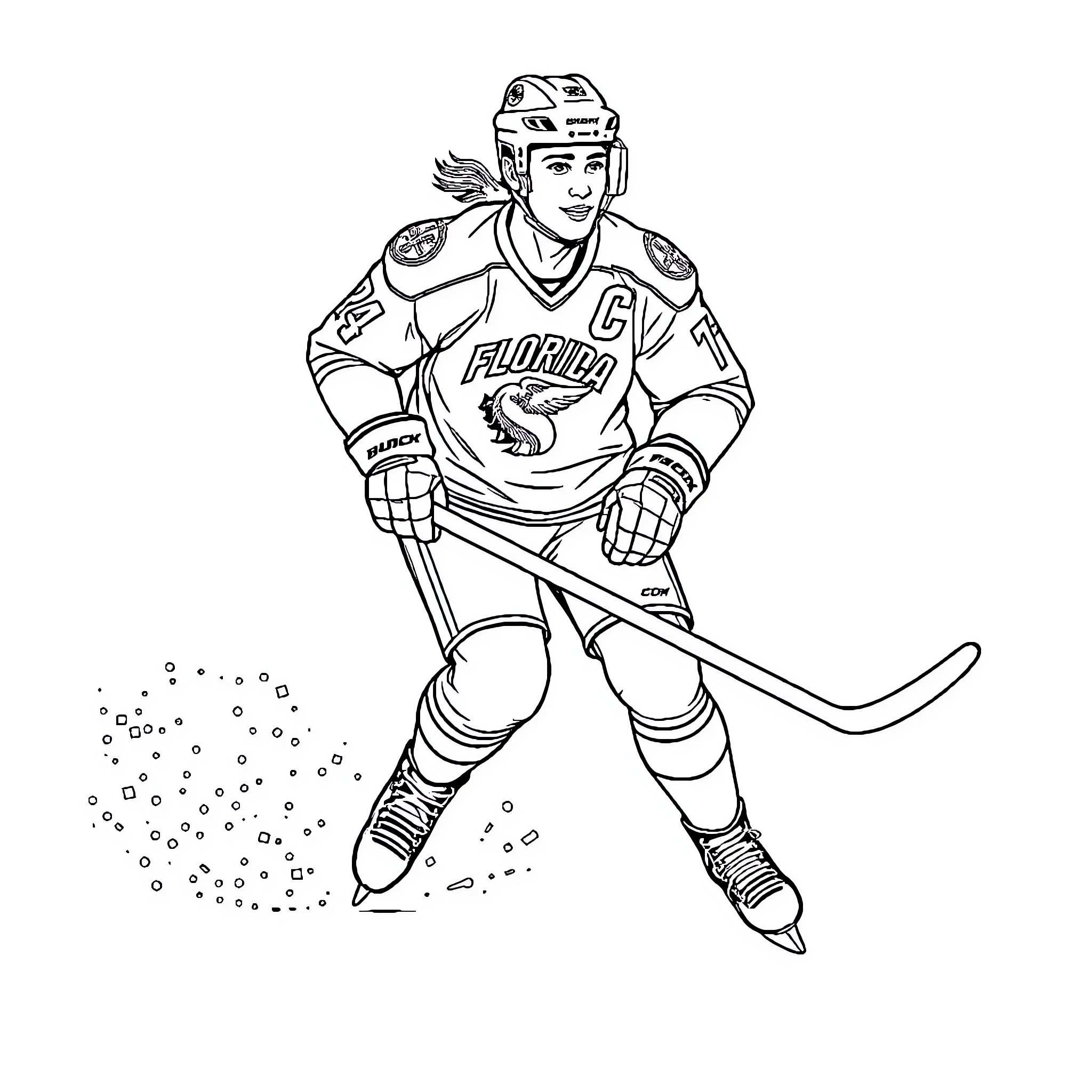 Man in hockey uniform skating with puck Coloring Page (free black-and-white line drawing printable PDF for all, from beginners to advanced learners, including children, teens, adults, and seniors)