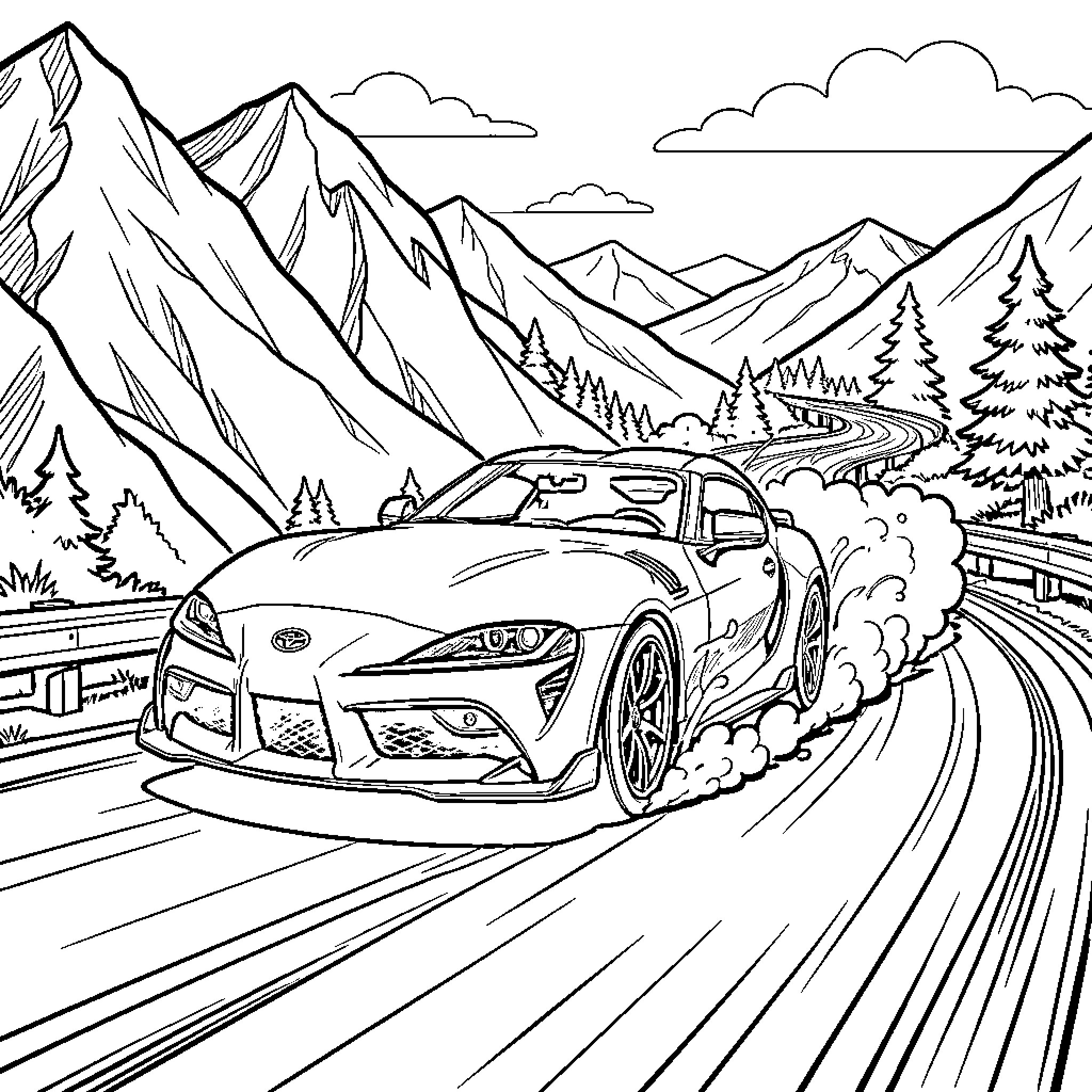 Toyota Supra drifting fast on a mountain road Coloring Page (free black-and-white line drawing printable PDF for all, from beginners to advanced learners, including children, teens, adults, and seniors)