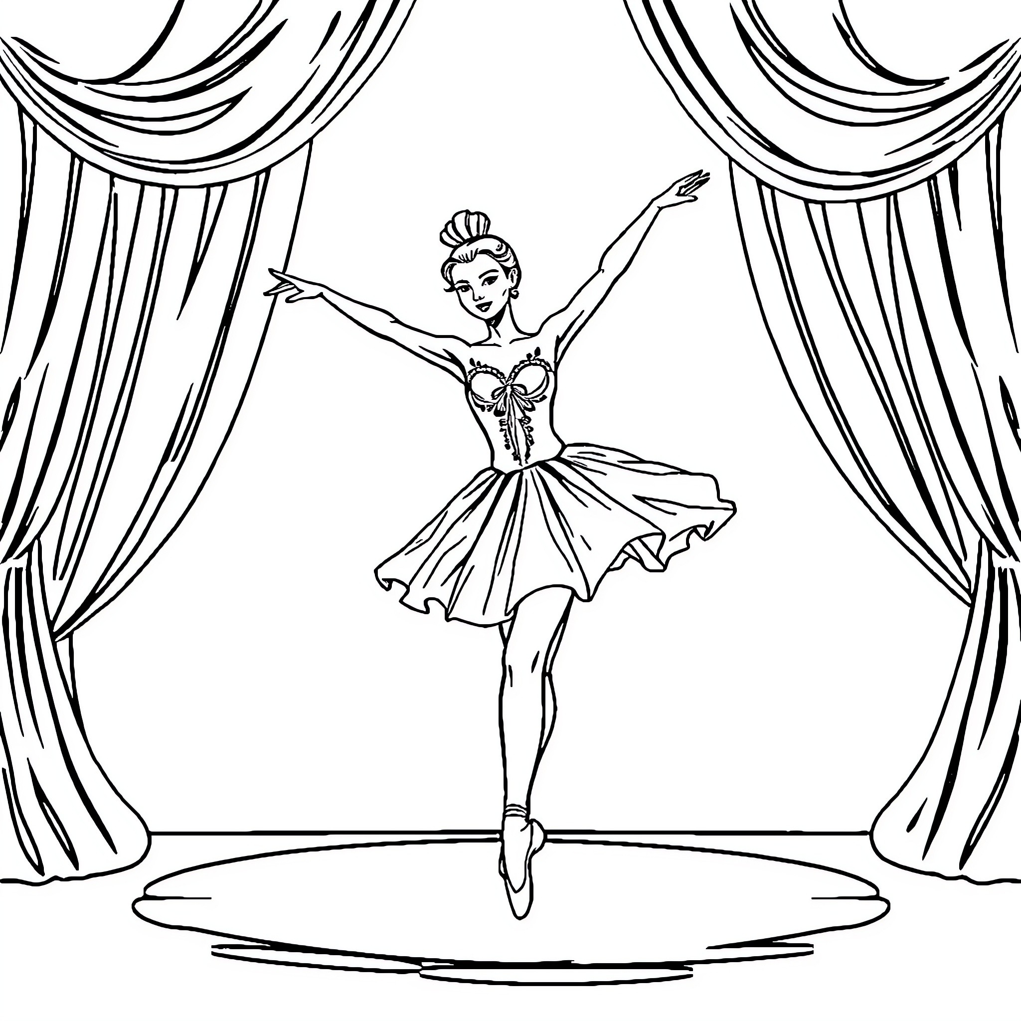 Ballet dancer performing on stage with curtains Coloring Page (free black-and-white line drawing printable PDF for all, from beginners to advanced learners, including children, teens, adults, and seniors)
