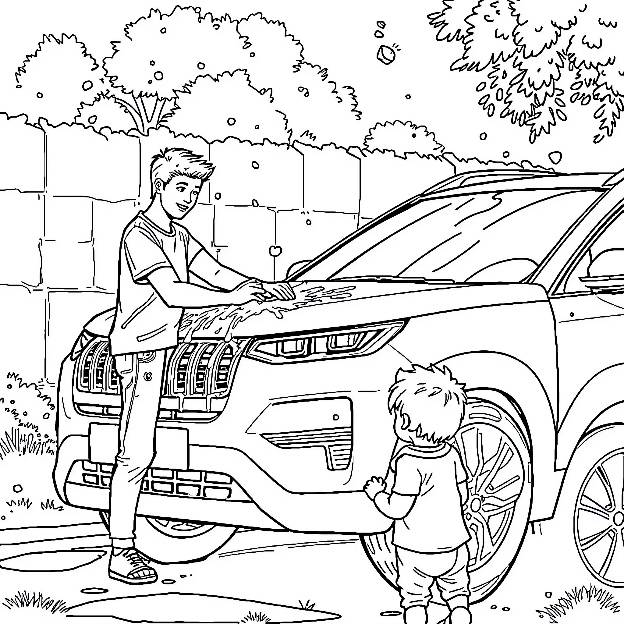 Car and young family on a sunny day Coloring Page (free black-and-white line drawing printable PDF for all, from beginners to advanced learners, including children, teens, adults, and seniors)