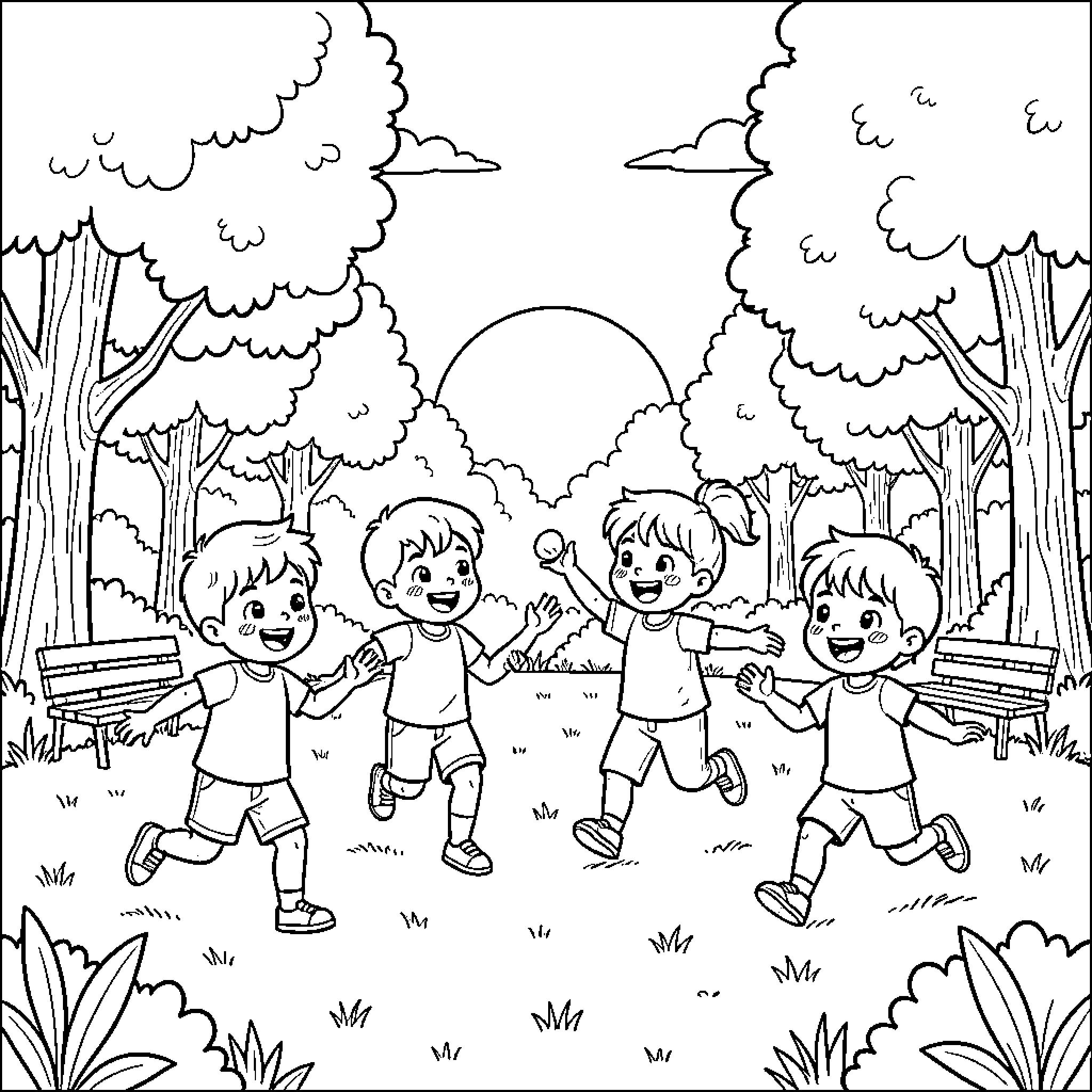 Kid friends playing outdoors in the park Coloring Page (free black-and-white line drawing printable PDF for all, from beginners to advanced learners, including children, teens, adults, and seniors)