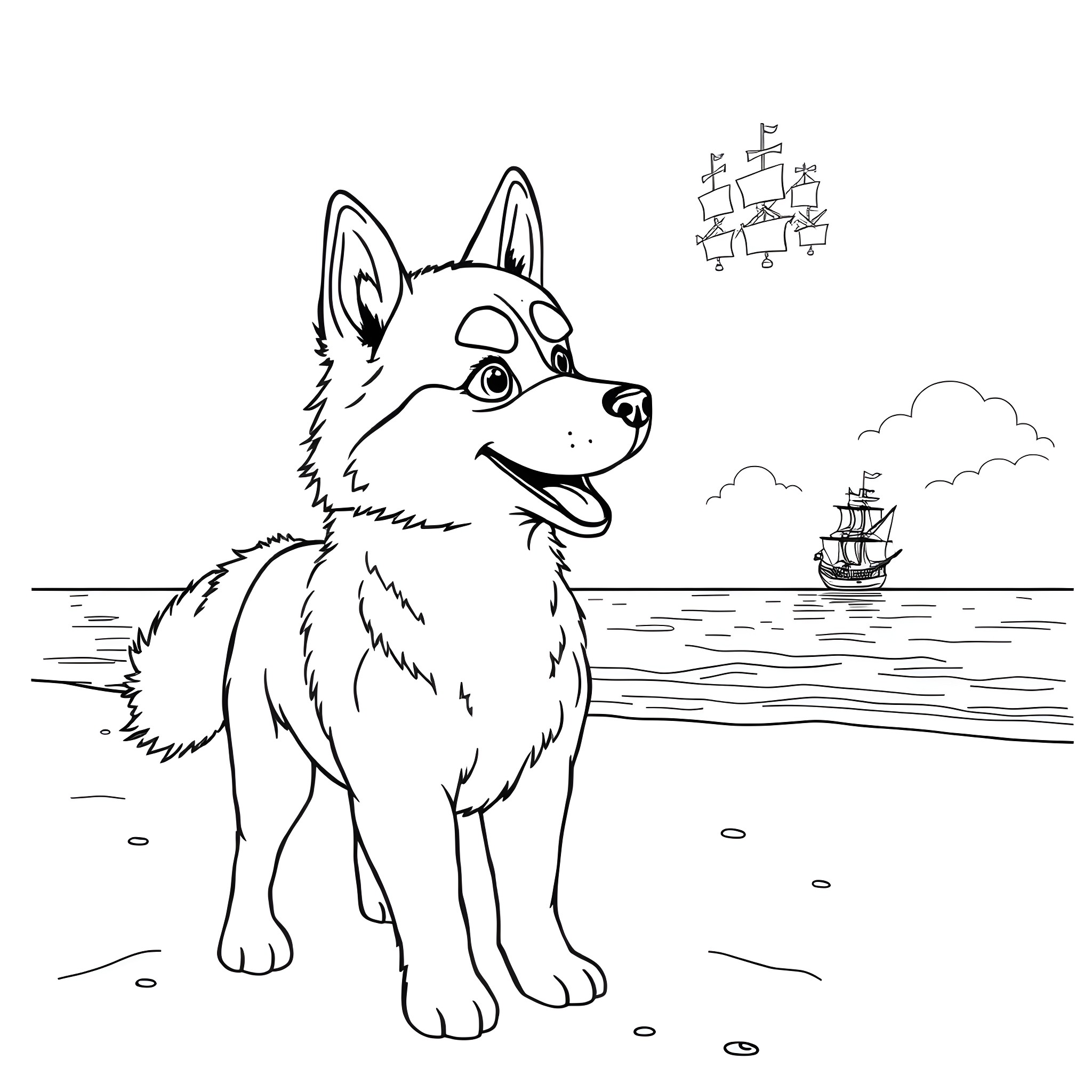 Husky watching the sailboat in the distance Coloring Page (free black-and-white line drawing printable PDF for all, from beginners to advanced learners, including children, teens, adults, and seniors)