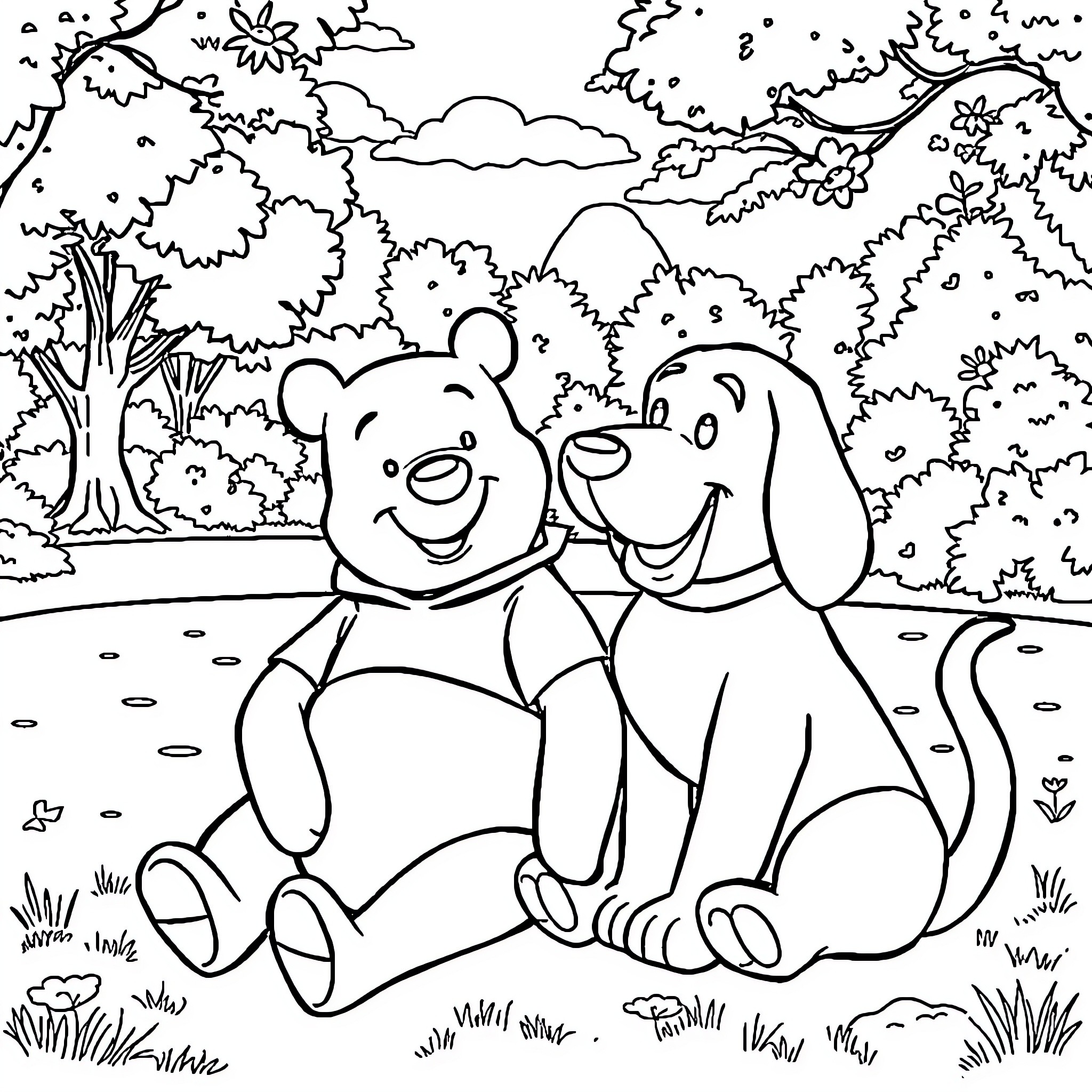 Winnie The Pooh and Friend Enjoying Nature's Beauty Coloring Page (free black-and-white line drawing printable PDF for all, from beginners to advanced learners, including children, teens, adults, and seniors)