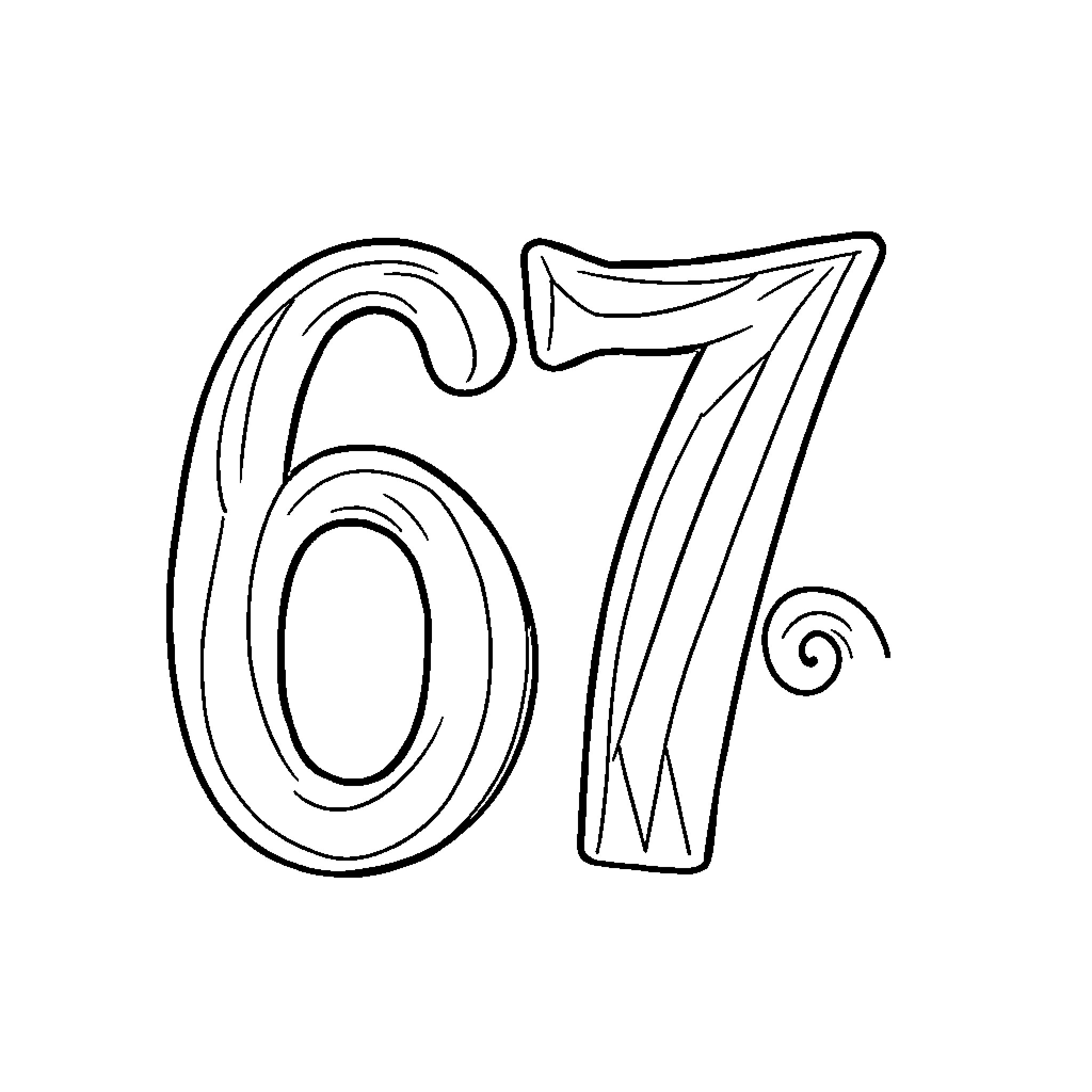 67 Whimsical Numbers with Curvy Lines Coloring Page (free black-and-white line drawing printable PDF for all, from beginners to advanced learners, including children, teens, adults, and seniors)