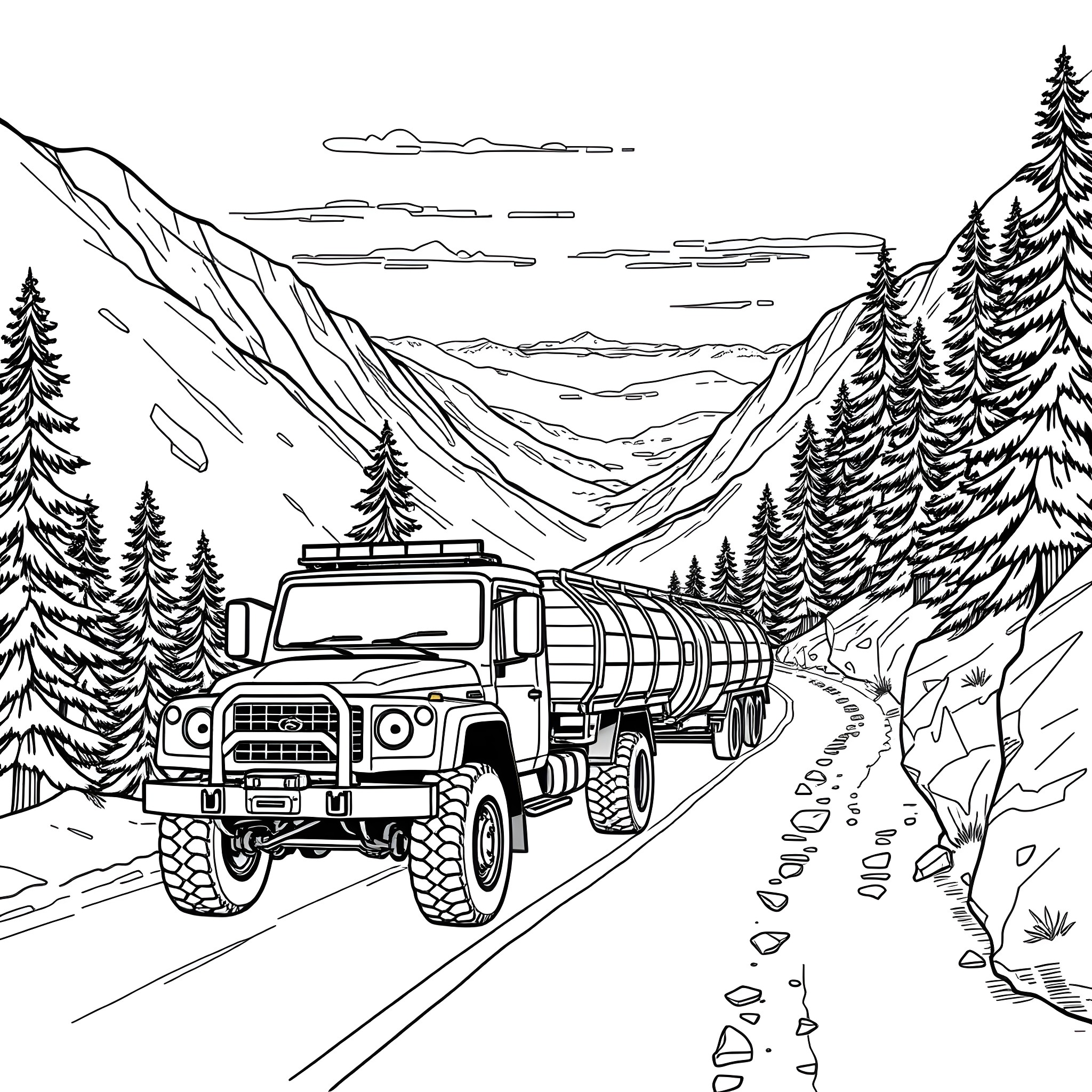 Hauling Car through Rugged Mountain Terrain Coloring Page (free black-and-white line drawing printable PDF for all, from beginners to advanced learners, including children, teens, adults, and seniors)
