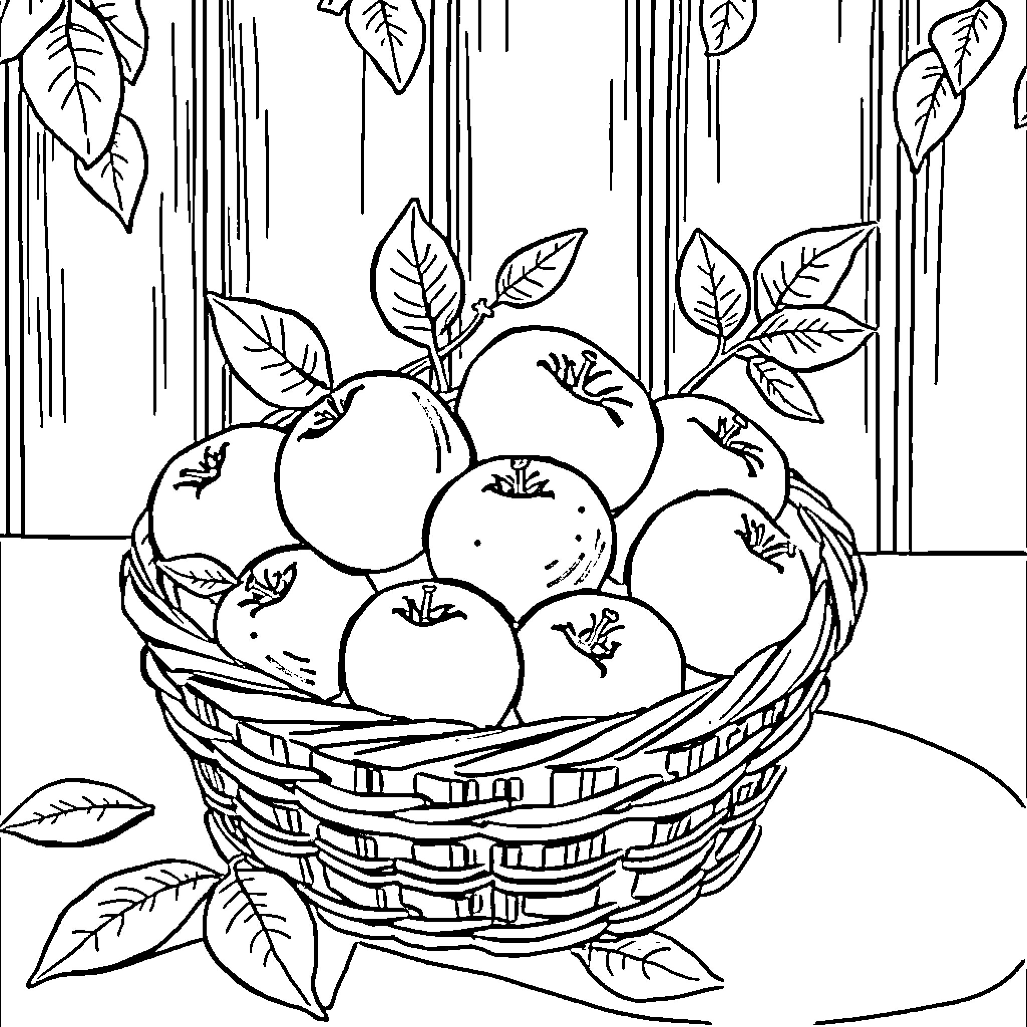 Apple Basket of Assorted Fruits in Forest Setting Coloring Page (free black-and-white line drawing printable PDF for all, from beginners to advanced learners, including children, teens, adults, and seniors)