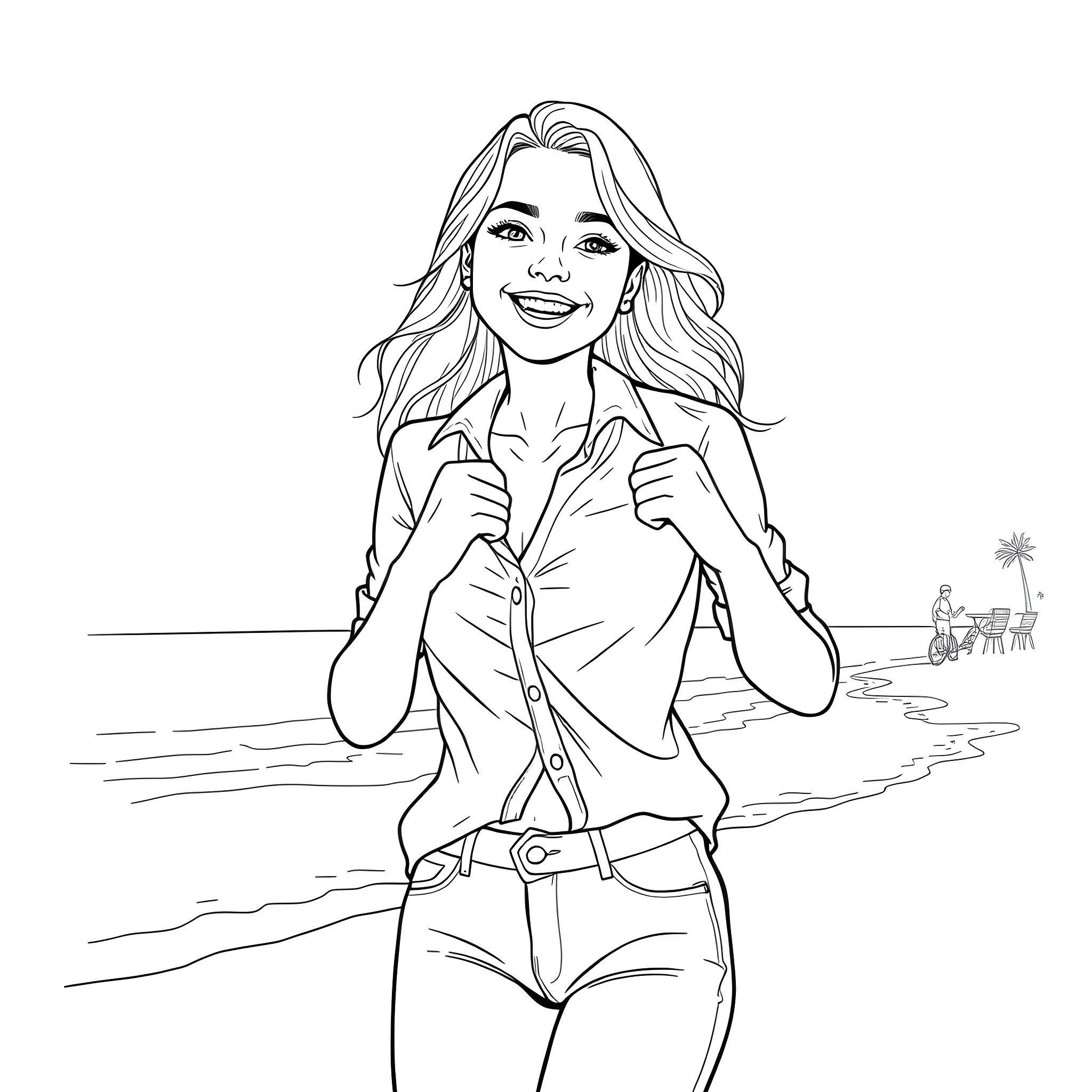 Girl enjoying sunny day by the beach Coloring Page (free black-and-white line drawing printable PDF for all, from beginners to advanced learners, including children, teens, adults, and seniors)
