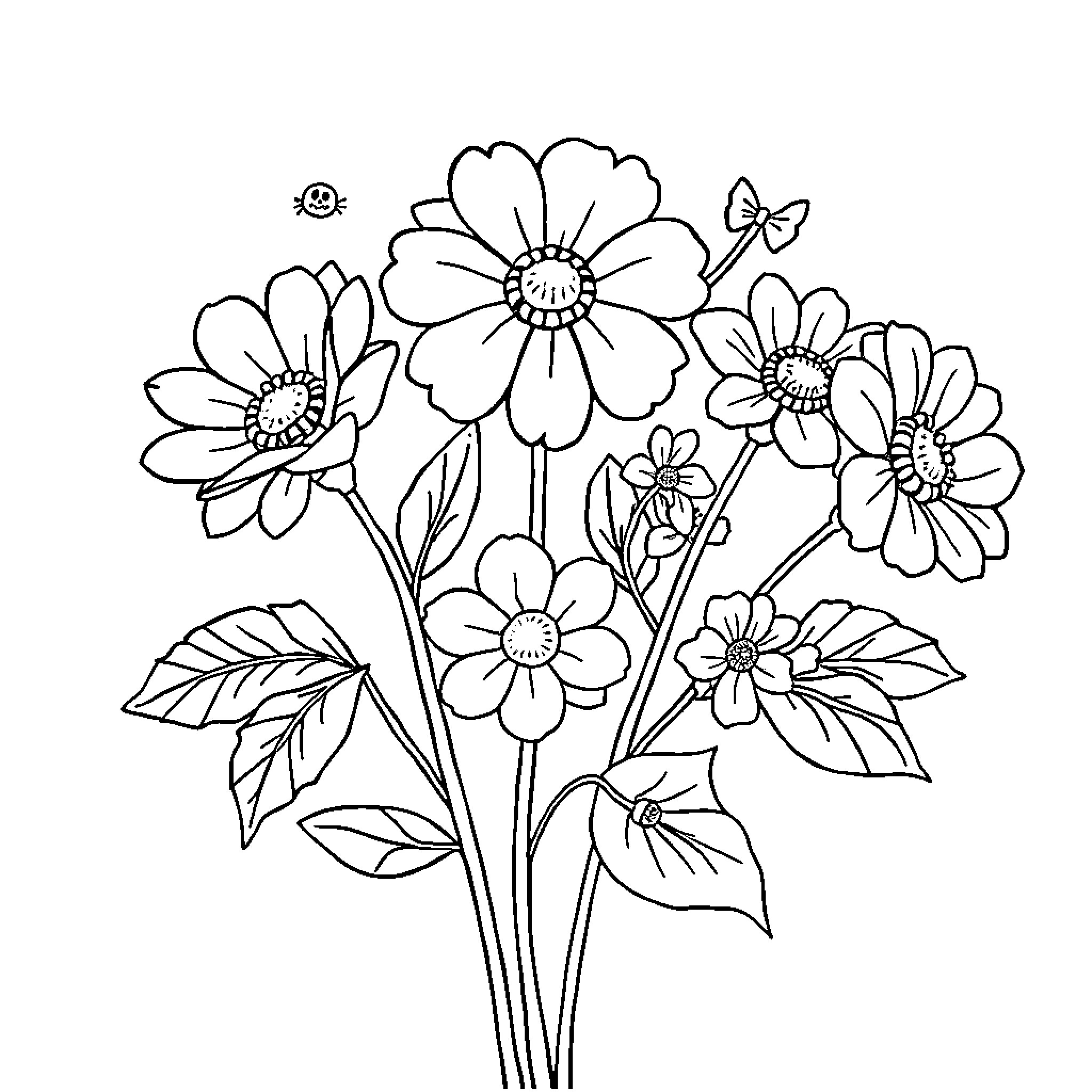 Flower garden with blooming flowers Coloring Page (free black-and-white line drawing printable PDF for all, from beginners to advanced learners, including children, teens, adults, and seniors)