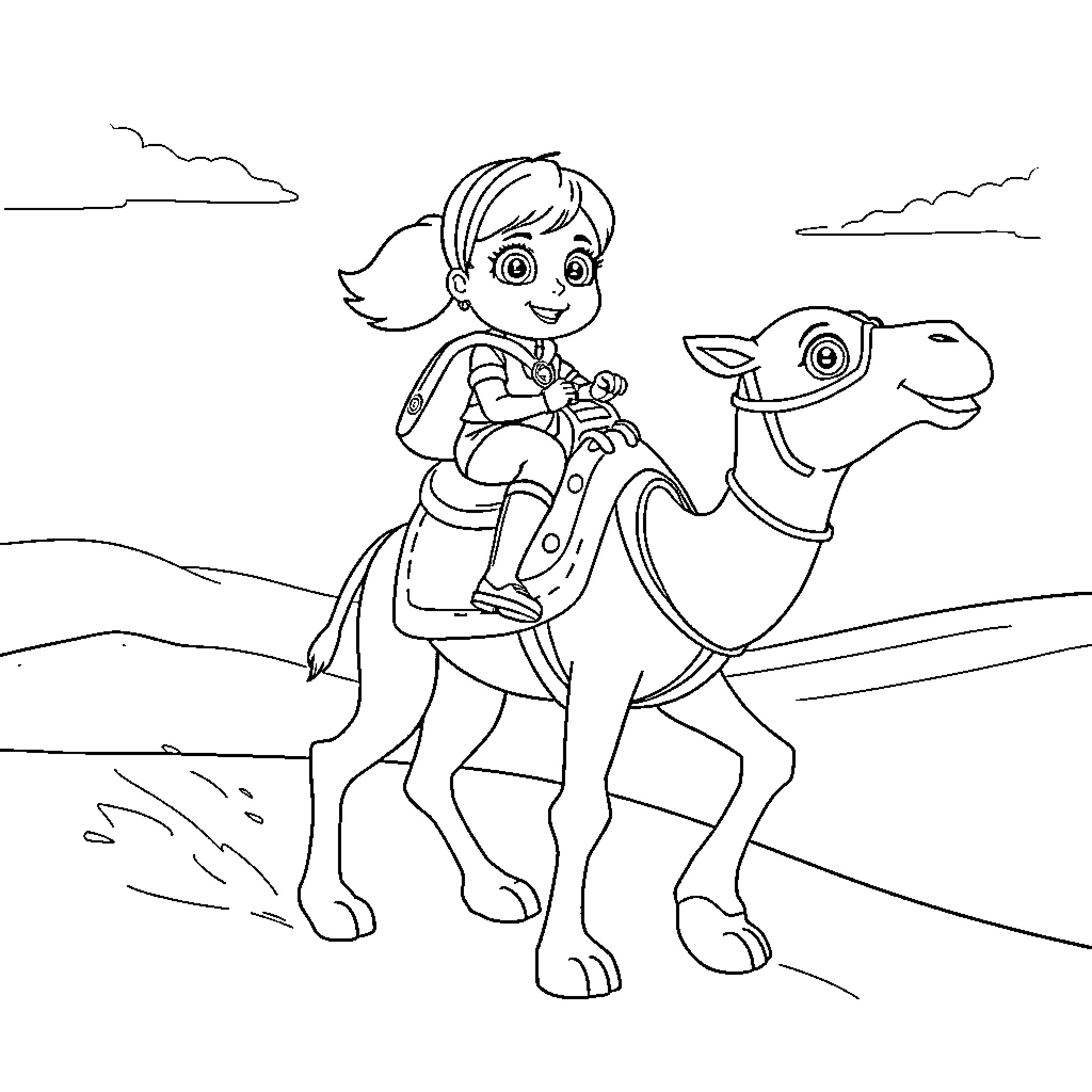 Skye's Desert Adventure on Camelback Coloring Page (free black-and-white line drawing printable PDF for all, from beginners to advanced learners, including children, teens, adults, and seniors)