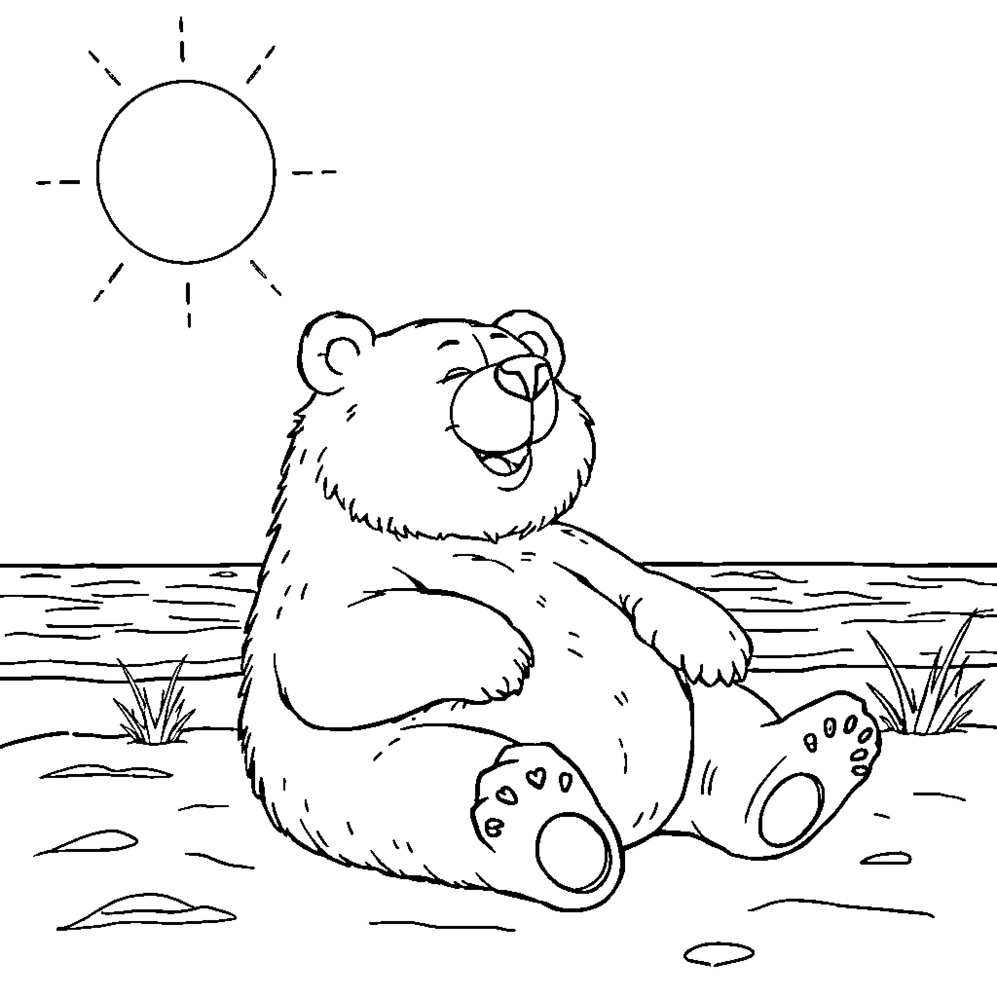Smokey Bear relaxing in a natural setting Coloring Page (free black-and-white line drawing printable PDF for all, from beginners to advanced learners, including children, teens, adults, and seniors)