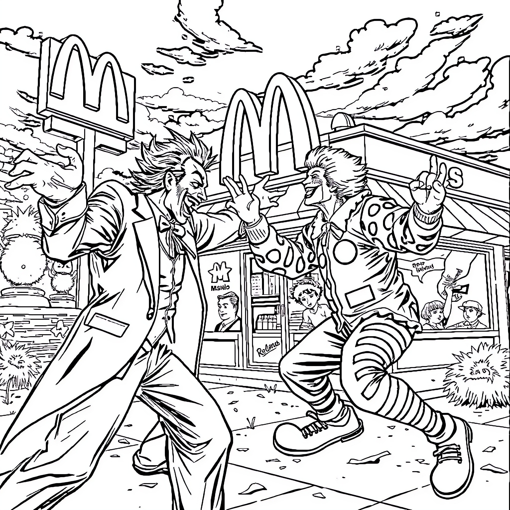 Joker characters in mischievous antics at a fast food restaurant Coloring Page (free black-and-white line drawing printable PDF for all, from beginners to advanced learners, including children, teens, adults, and seniors)