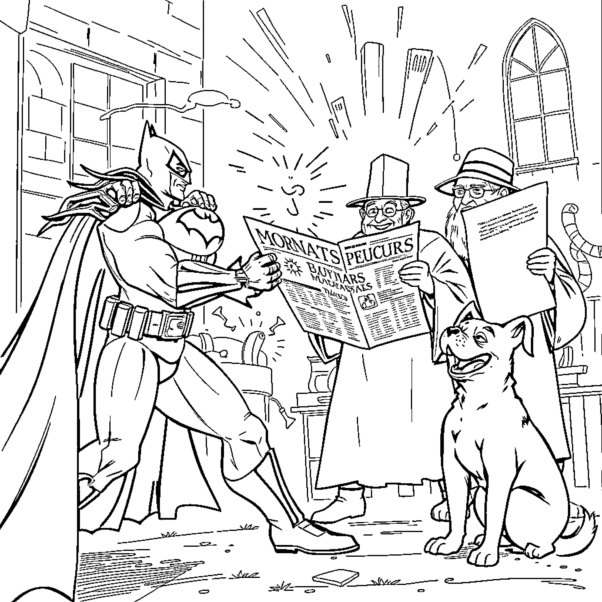 Batman Battles Villains Amid Cityscape Chaos Coloring Page (free black-and-white line drawing printable PDF for all, from beginners to advanced learners, including children, teens, adults, and seniors)