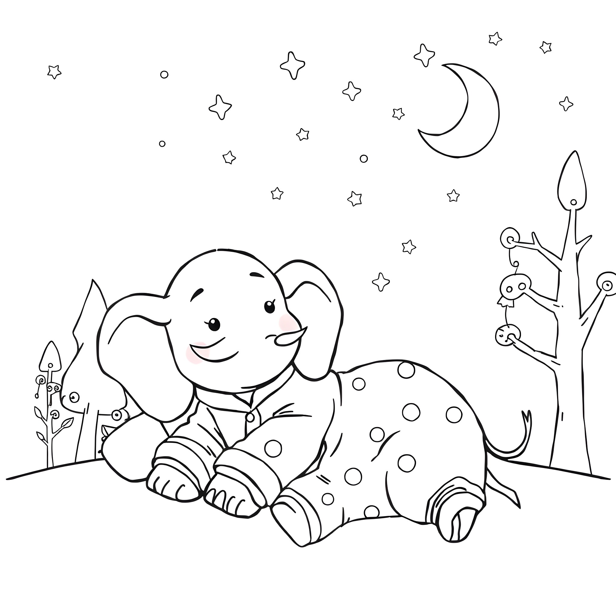 Elephant enjoying a starry night Coloring Page (free black-and-white line drawing printable PDF for all, from beginners to advanced learners, including children, teens, adults, and seniors)