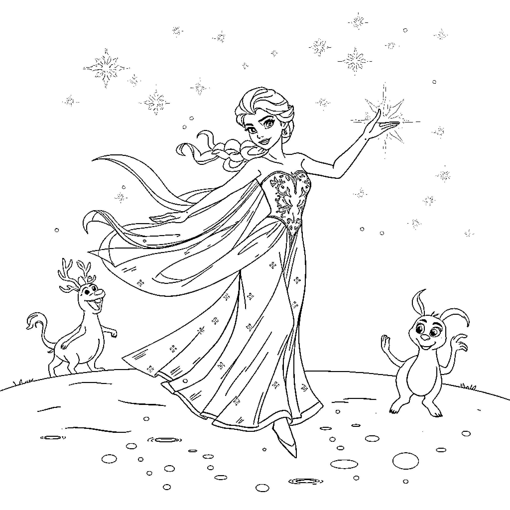 Elsa's Magical Wonderland Coloring Page (free black-and-white line drawing printable PDF for all, from beginners to advanced learners, including children, teens, adults, and seniors)