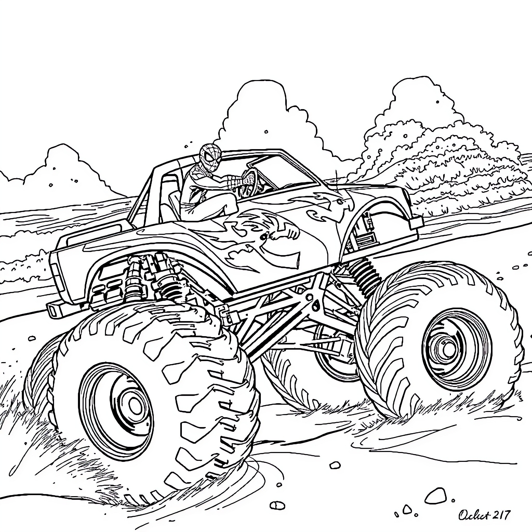 Spider-Man driving a monster truck through the outdoors Coloring Page (free black-and-white line drawing printable PDF for all, from beginners to advanced learners, including children, teens, adults, and seniors)